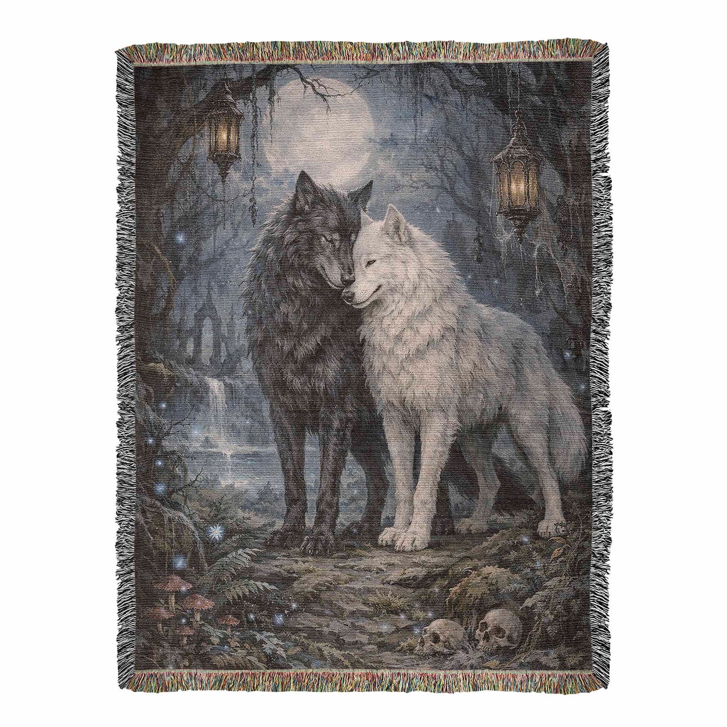 60x80-Titul - Black and white wolf woven cotton blanket featuring two wolves beneath a full moon