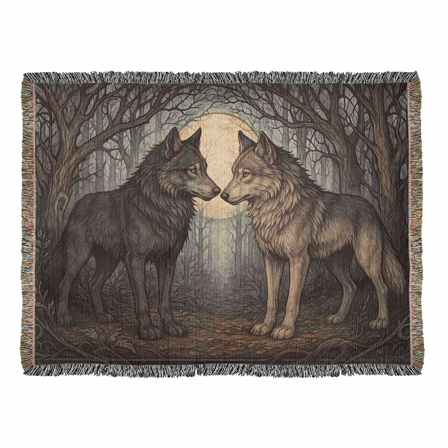 100% Cotton Woven Blanket – Enchanted Forest Scene with Two Wolves Eye to Eye beneath Full Moon