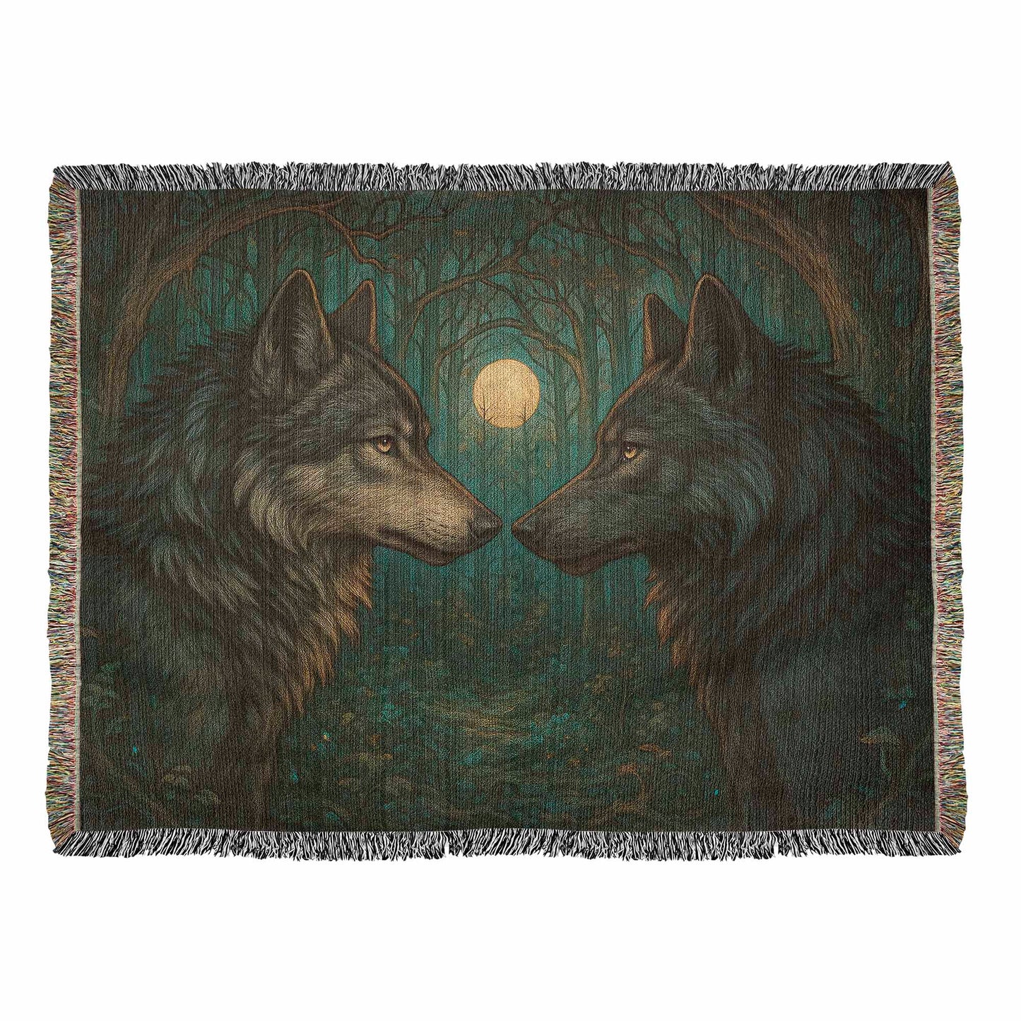 Woven Cotton Blanket – Majestic Wolves Staring at Each Other under Moon in Enchanted Forest