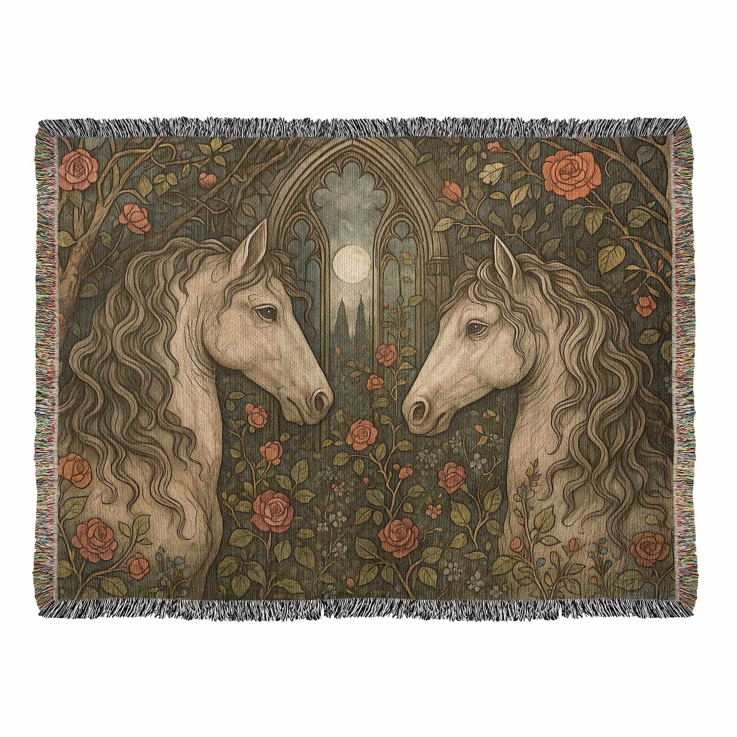 100% Cotton Woven Blanket – Enchanted Forest Scene with Two Horses Eye to Eye