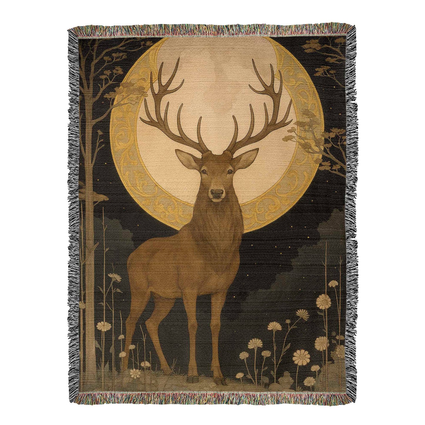 100% Cotton Woven Blanket – Majestic Deer on Night Meadow under Full Moon