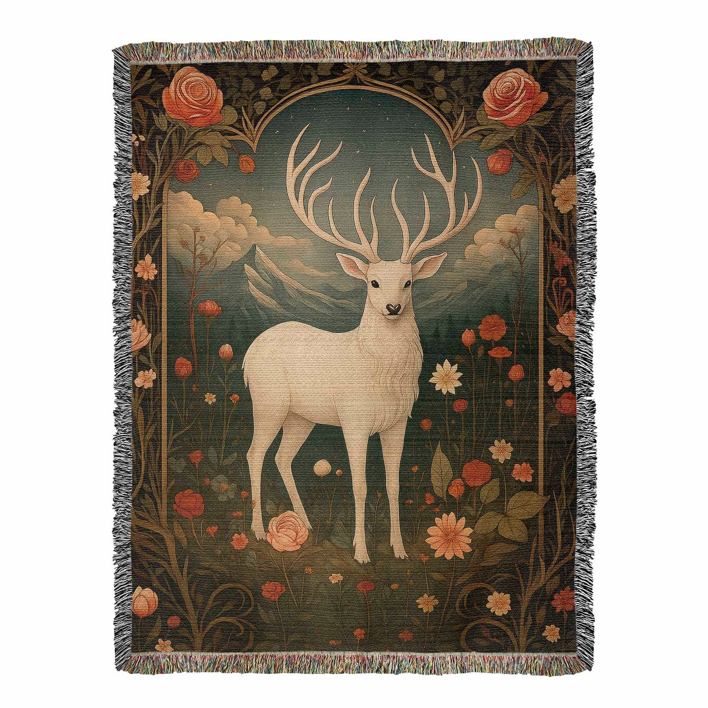 100% Cotton Woven Blanket – Enchanted White Deer with Mountain Clouds and Floral Accents