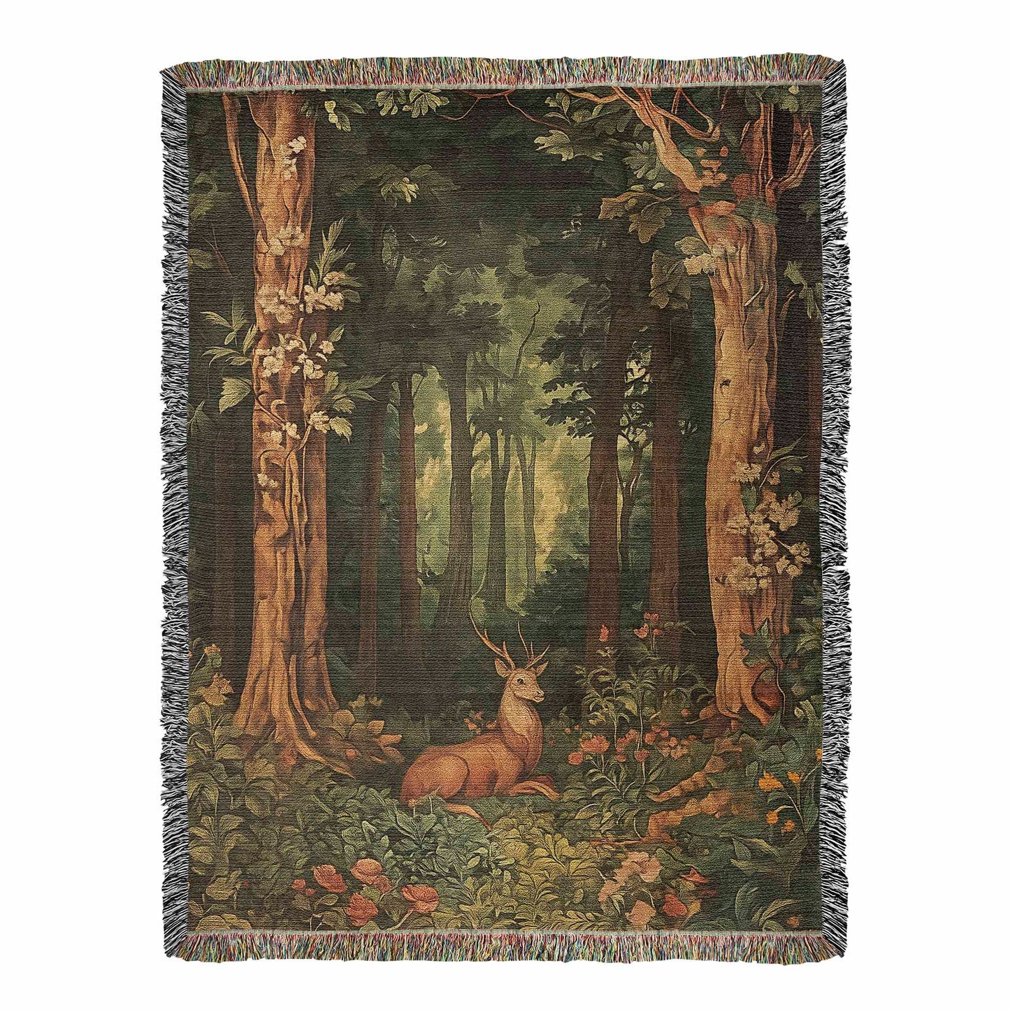 100% Cotton Woven Blanket – Enchanted Deer on Flowered Clearing in Woodland