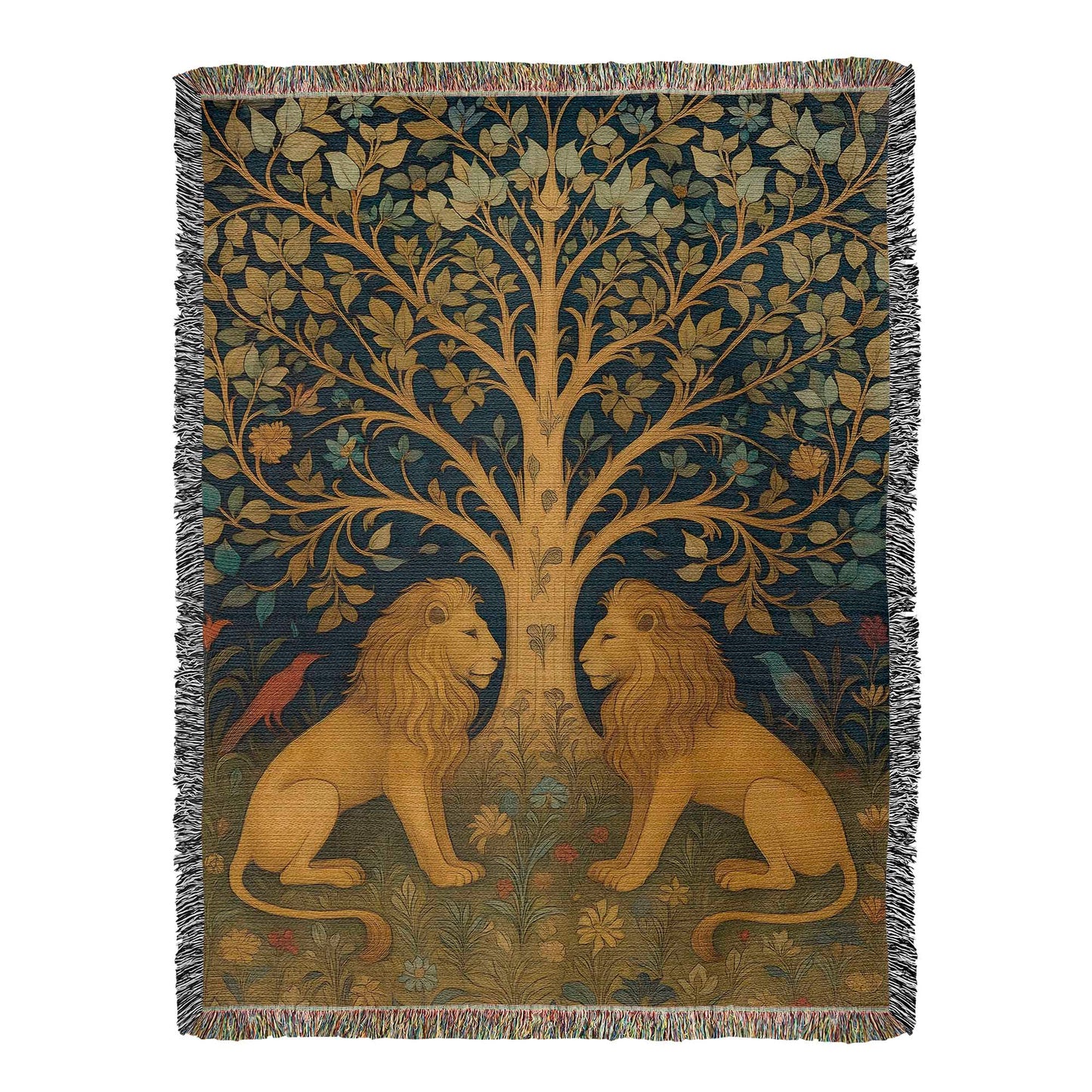 100% Cotton Woven Blanket – Majestic Lions under Forest Tree Gazing at One Another