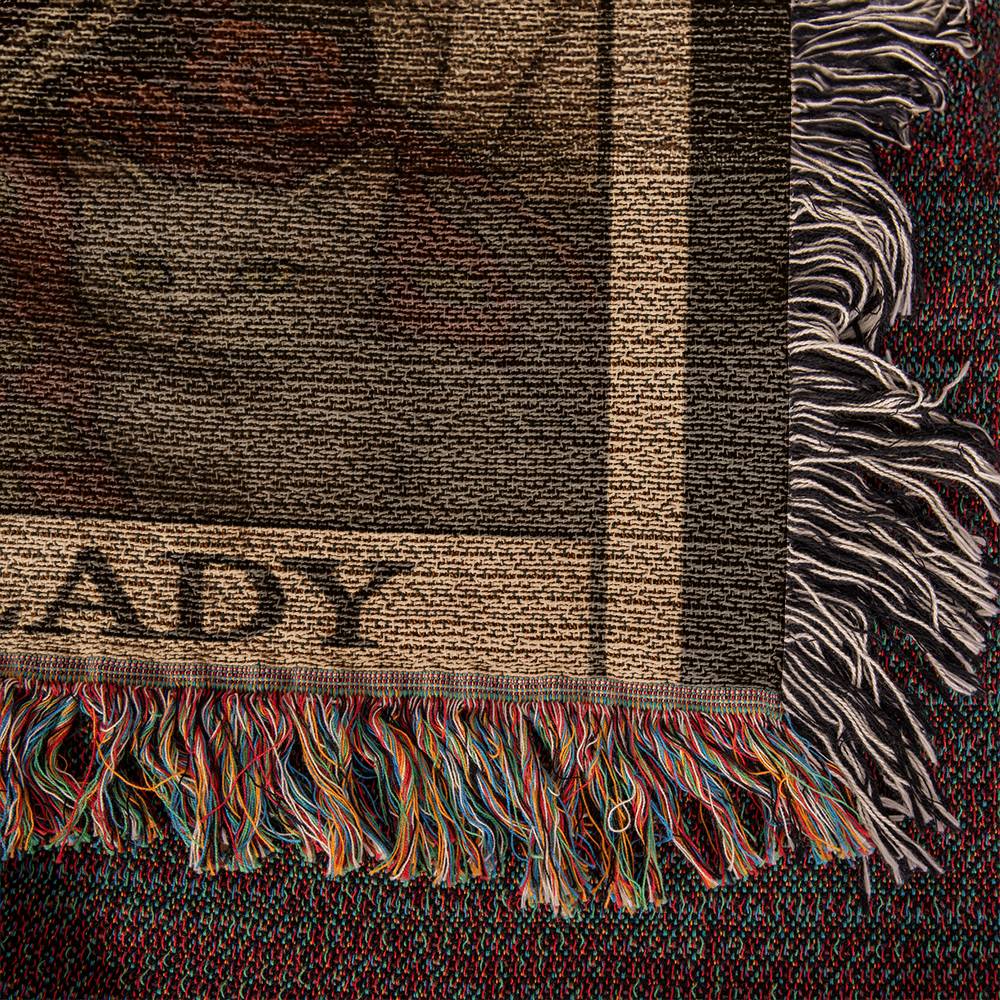 100% Cotton Woven Blanket – Gothic Skeleton Cat Lady Wearing Red Roses Gown with Four Cats, The Cat Lady Card Style