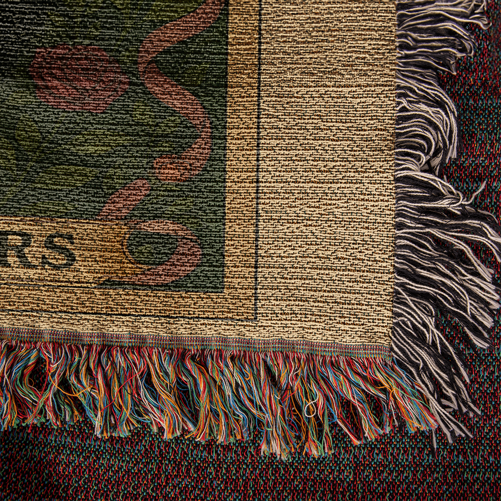 100% Cotton Woven Blanket – Mystic Black Wolf and Raven on Grass & Flowers, The Lovers Card VI