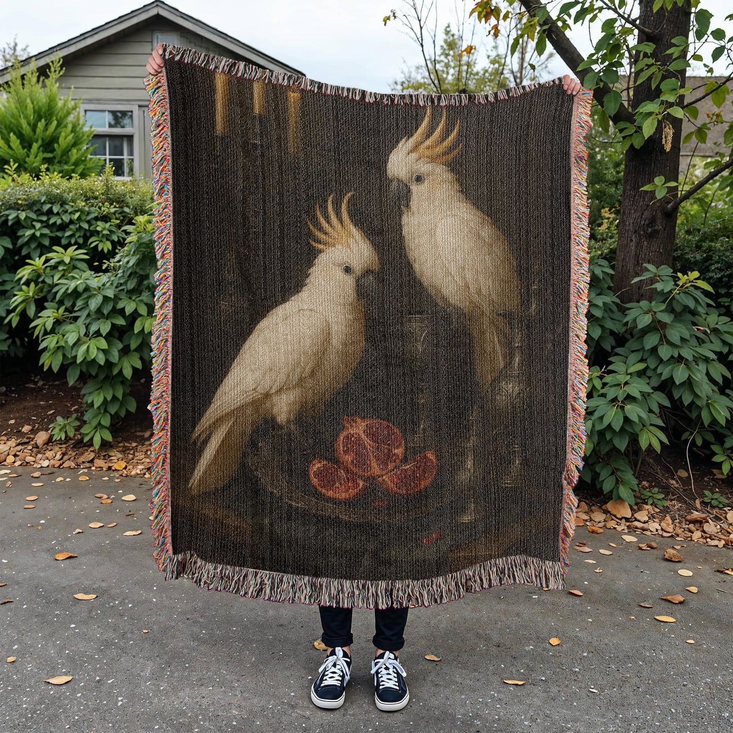 100% Cotton Woven Blanket – White Parrots on Table with Two Halved Pomegranates, Bronze Cup and Jug