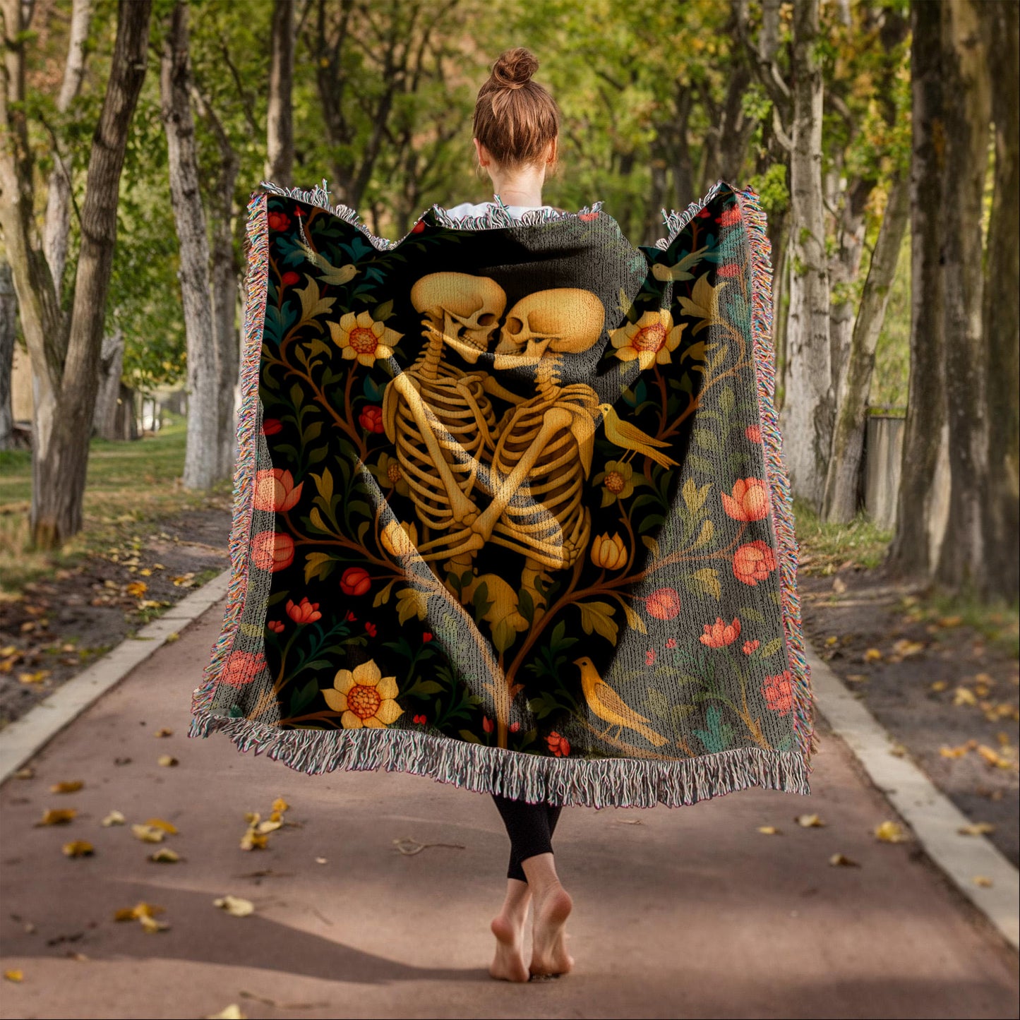 Premium Woven Cotton Throw – Skeleton Lovers in Enchanted Floral Border