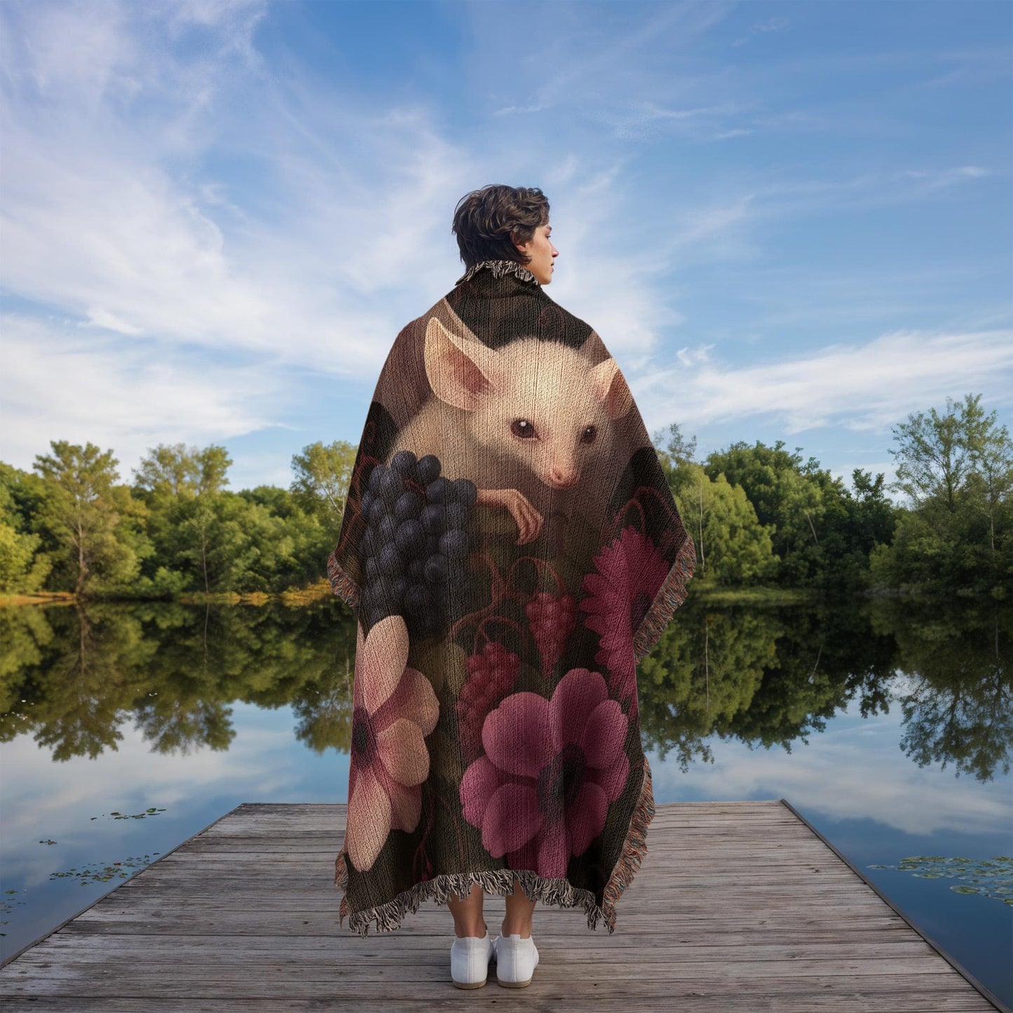 100% Cotton Woven Blanket – Bat Resting in Blooming Flowers