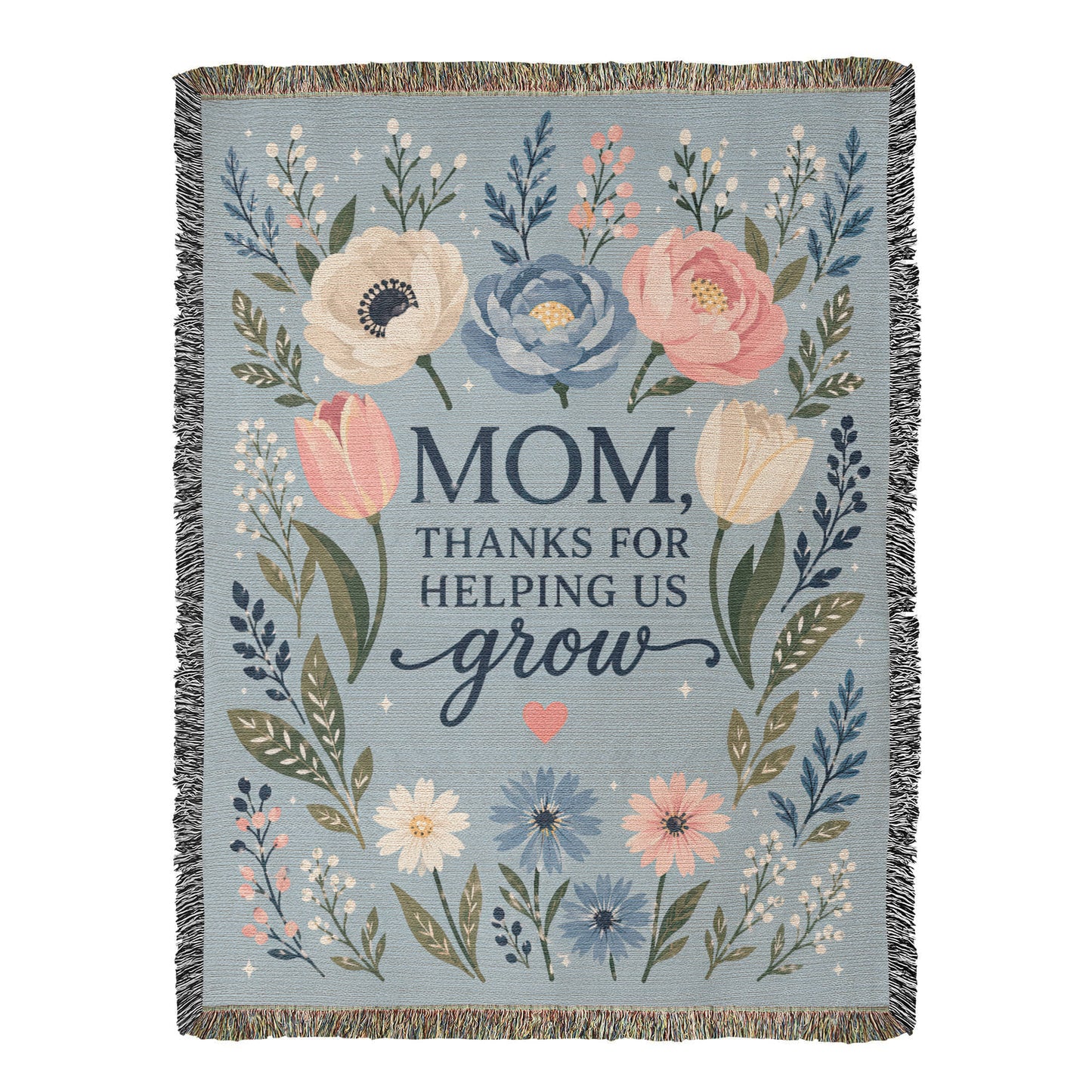 100% Cotton Woven Blanket – Mom Thanks for Helping Us Grow, Blue Floral Mother's Day Throw Gift
