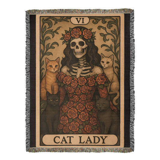 100% Cotton Woven Blanket – Gothic Skeleton Cat Lady Wearing Red Roses Gown with Four Cats, Cat Lady Card Style