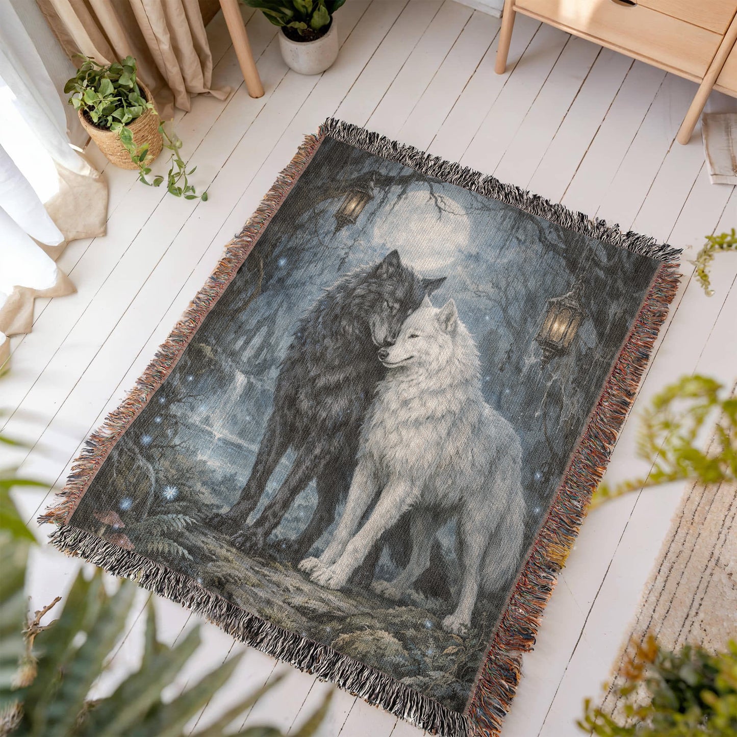 100% Cotton Woven Blanket – Black and White Wolves under Full Moon