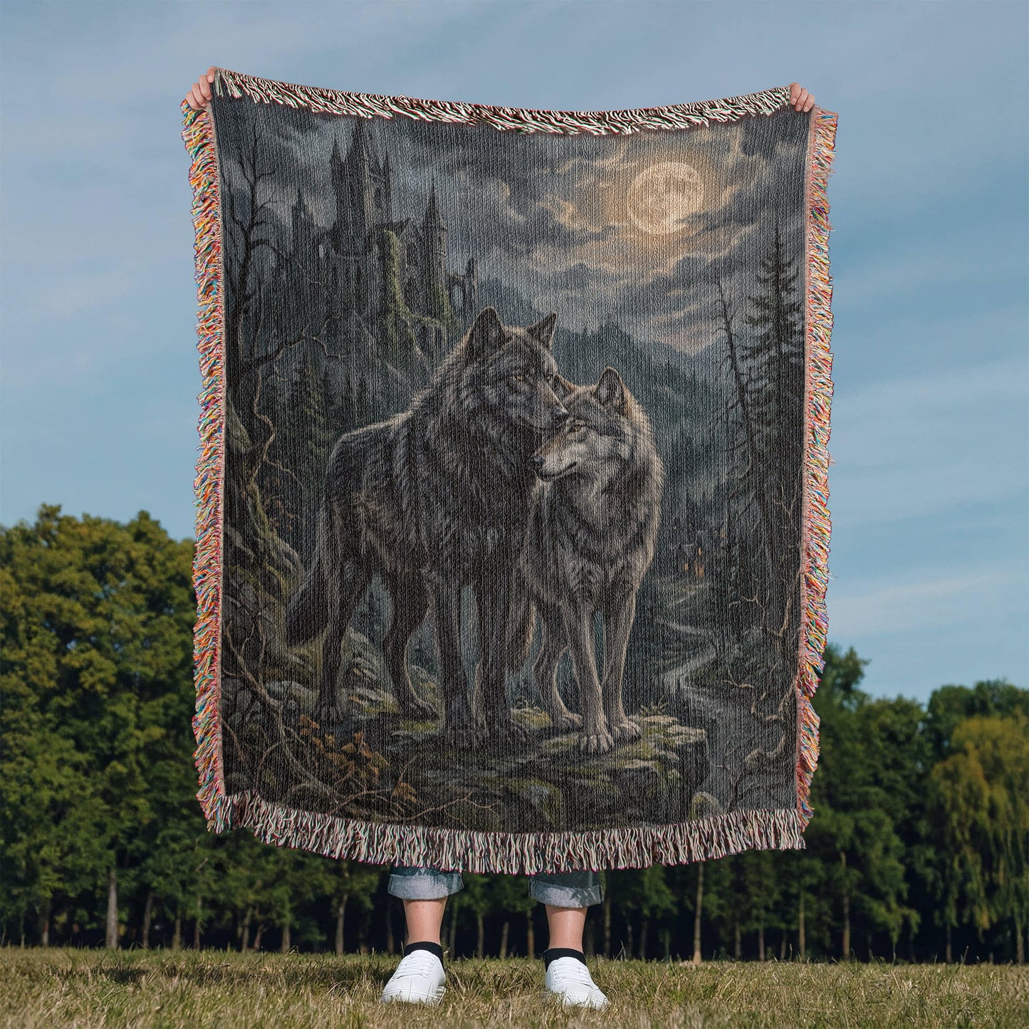 100% Cotton Woven Blanket – Gothic Wolf Couple on Cliff under Moon, Castle Village Scene, Dark Romantic Decor