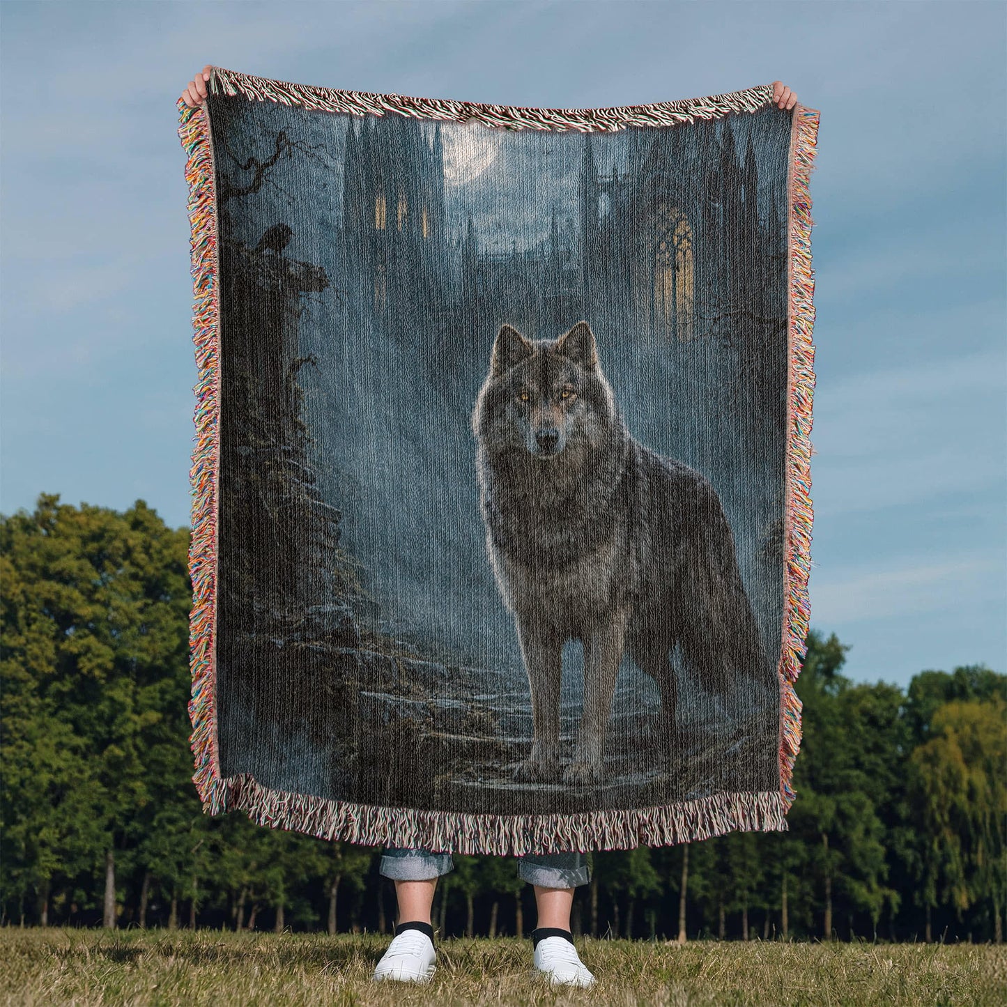 100% Cotton Woven Blanket – Wolf on Castle Steps under Full Moon