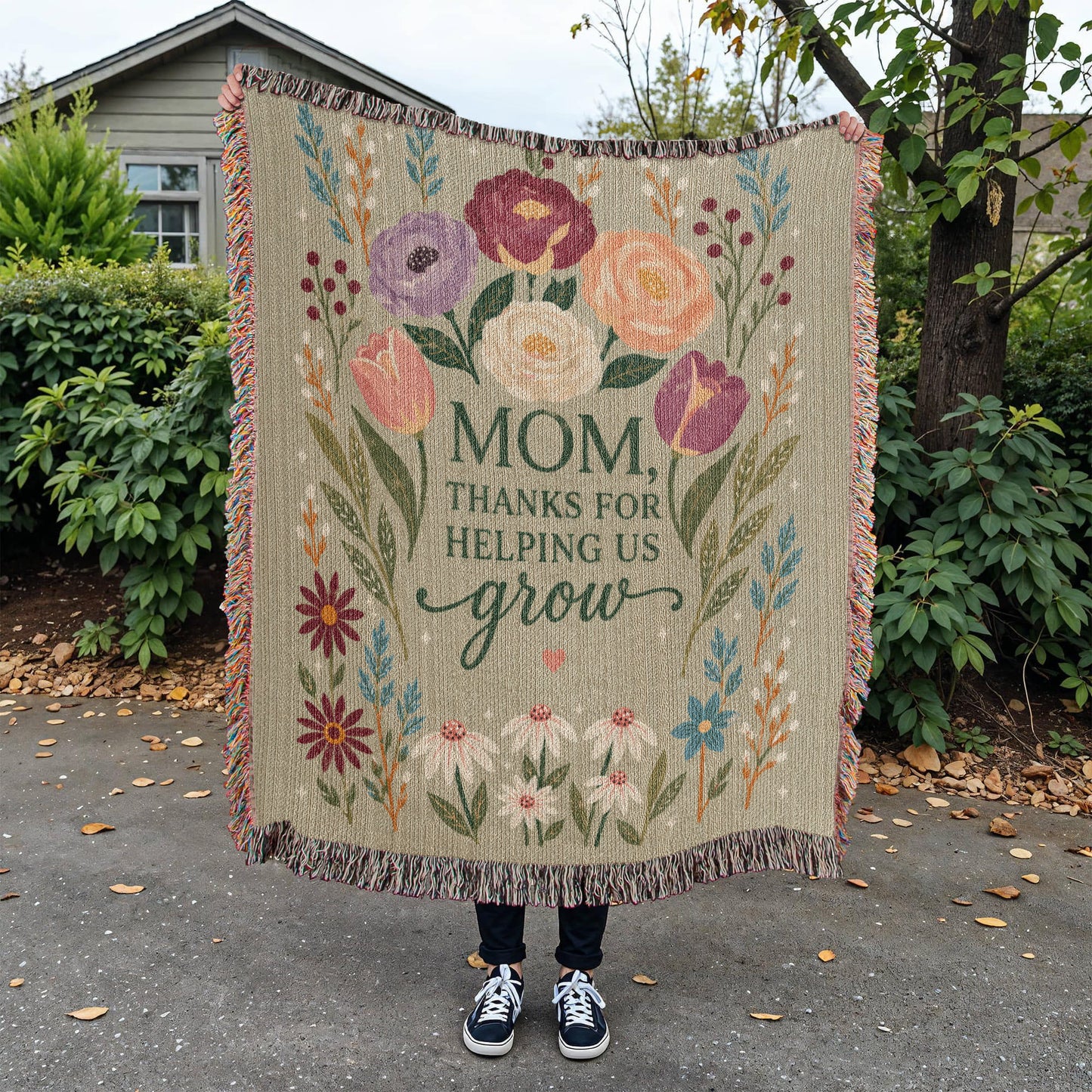 100% Cotton Woven Blanket – Mom Thanks for Helping Us Grow, Floral Mother's Day Throw, Gift for Mom