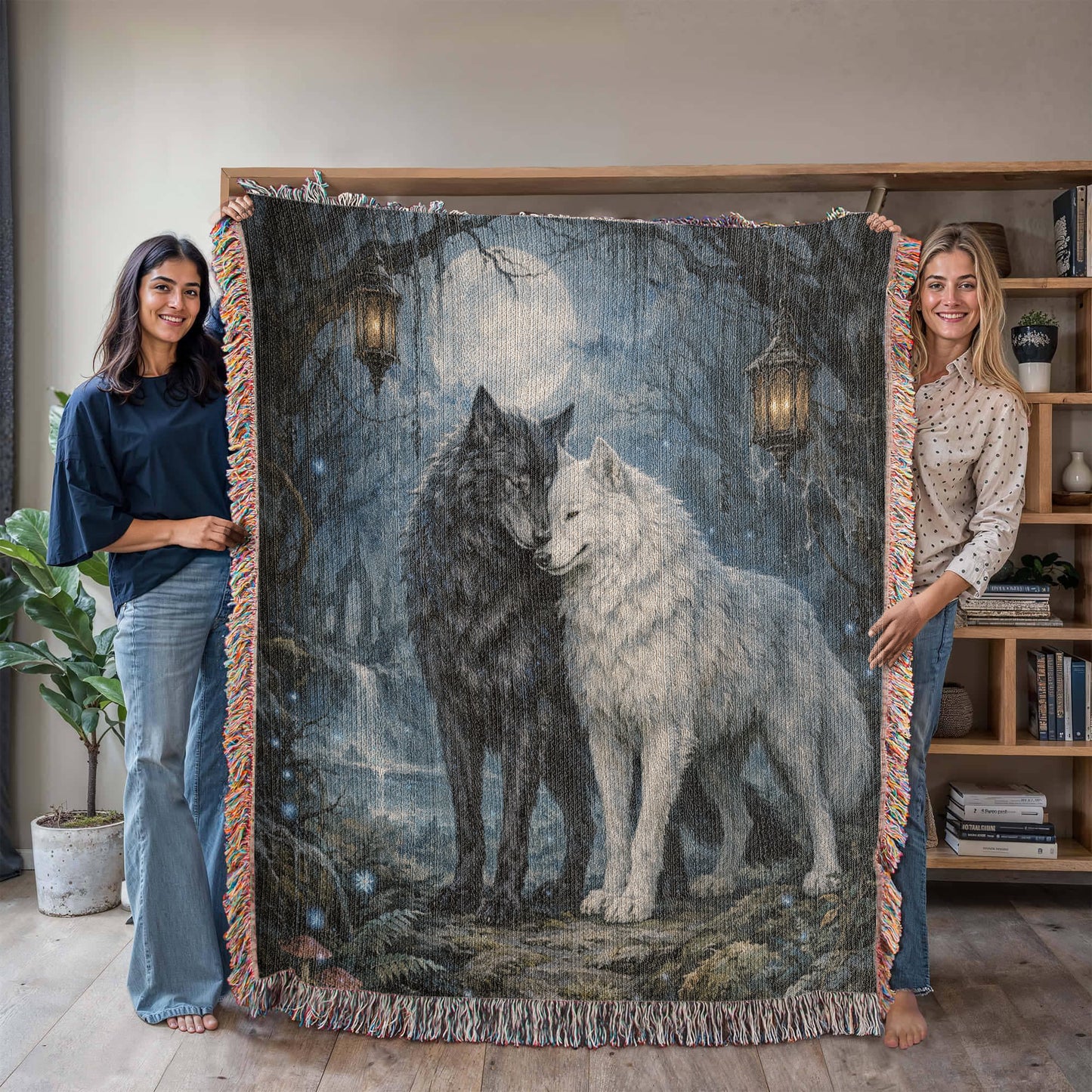 100% Cotton Woven Blanket – Black and White Wolves under Full Moon
