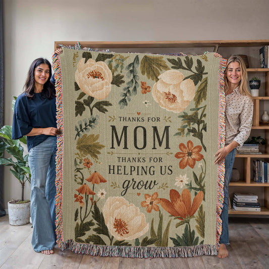 Cotton Woven Blanket – Mom Thanks for Helping Us Grow, Vintage Wildflower Throw Gift