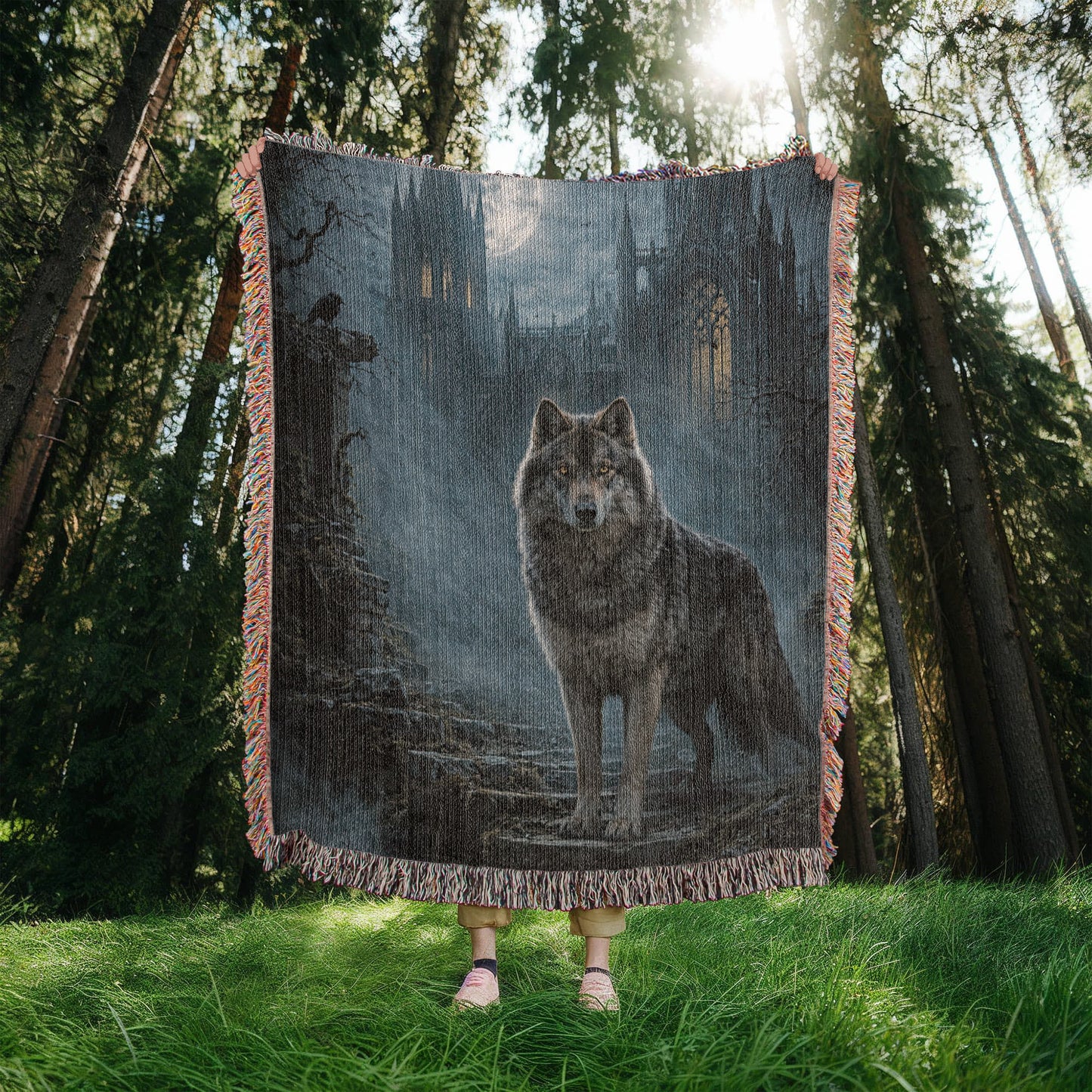 100% Cotton Woven Blanket – Wolf on Castle Steps under Full Moon