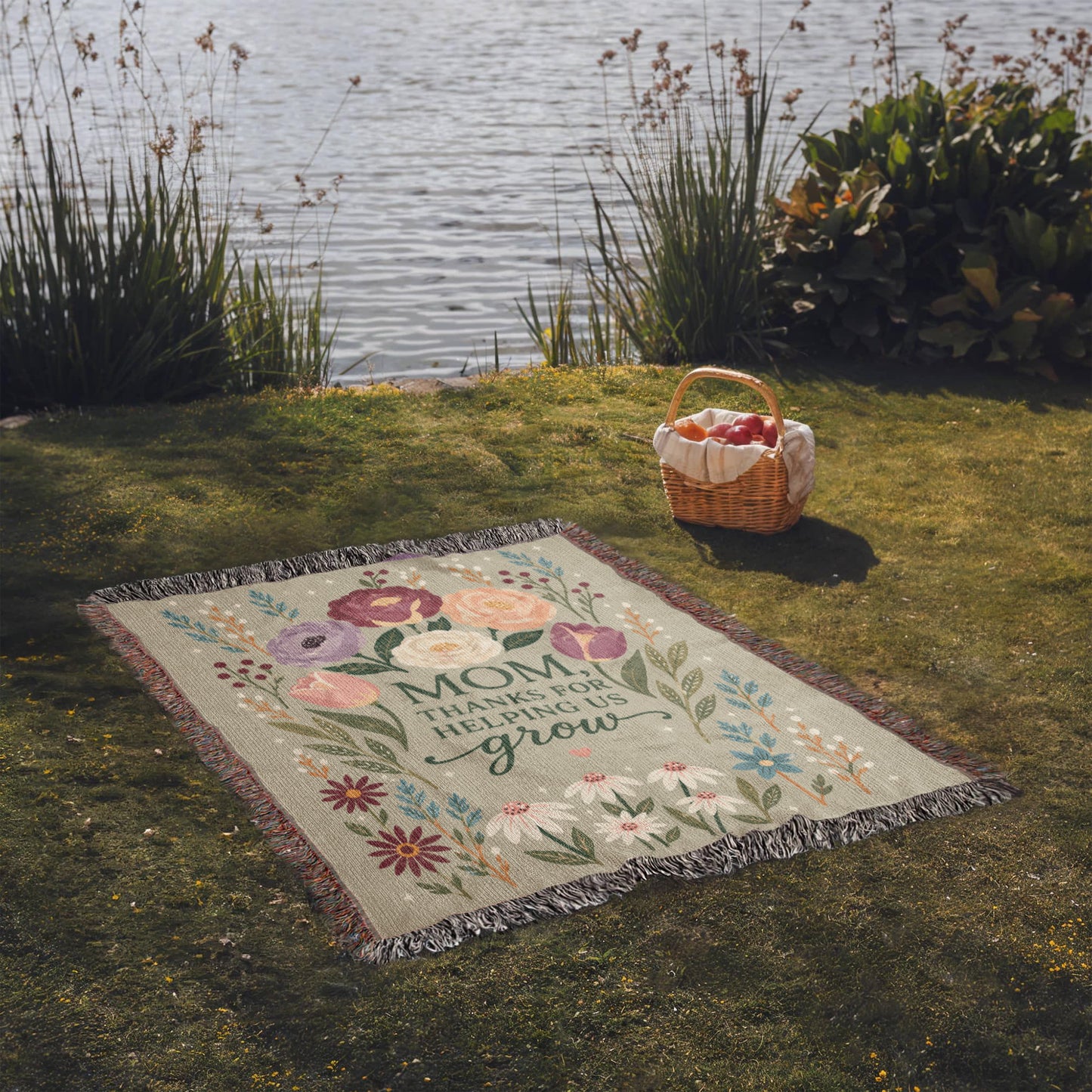 100% Cotton Woven Blanket – Mom Thanks for Helping Us Grow, Floral Mother's Day Throw, Gift for Mom