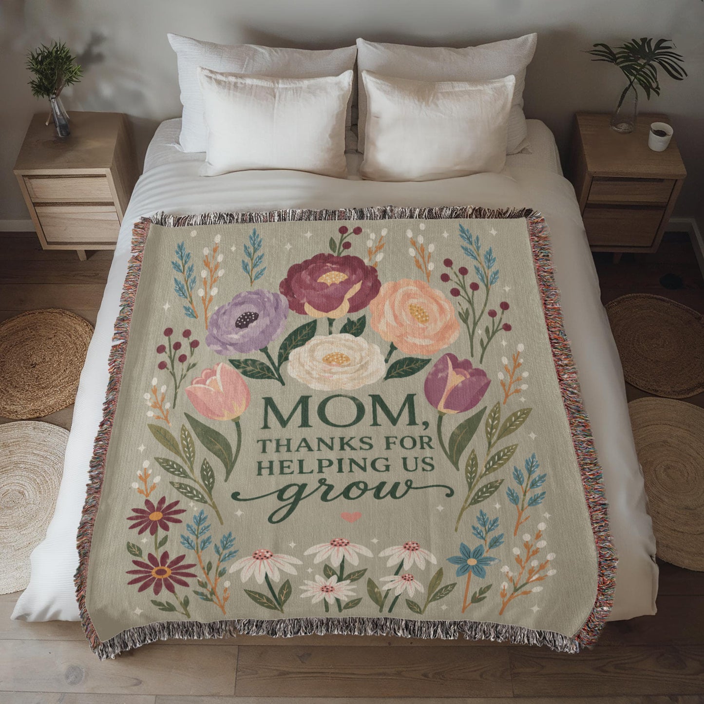 100% Cotton Woven Blanket – Mom Thanks for Helping Us Grow, Floral Mother's Day Throw, Gift for Mom