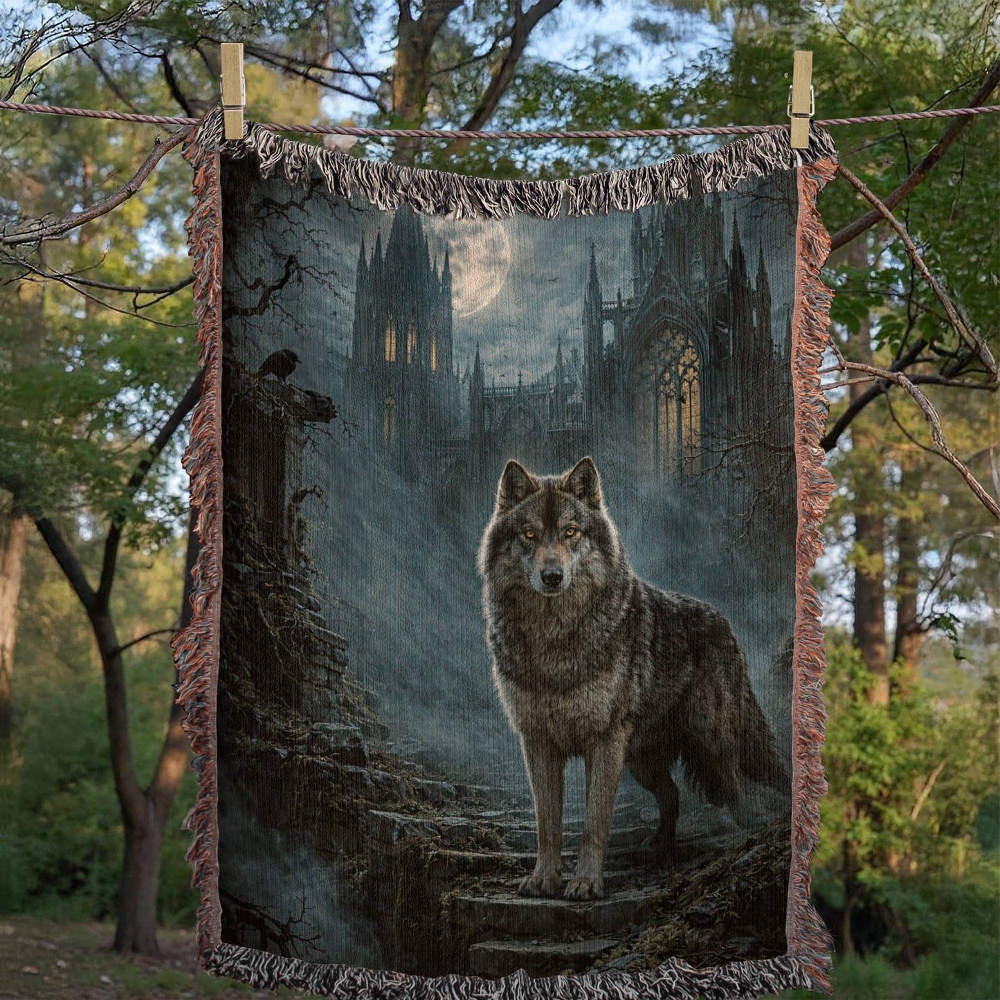 100% Cotton Woven Blanket – Wolf on Castle Steps under Full Moon