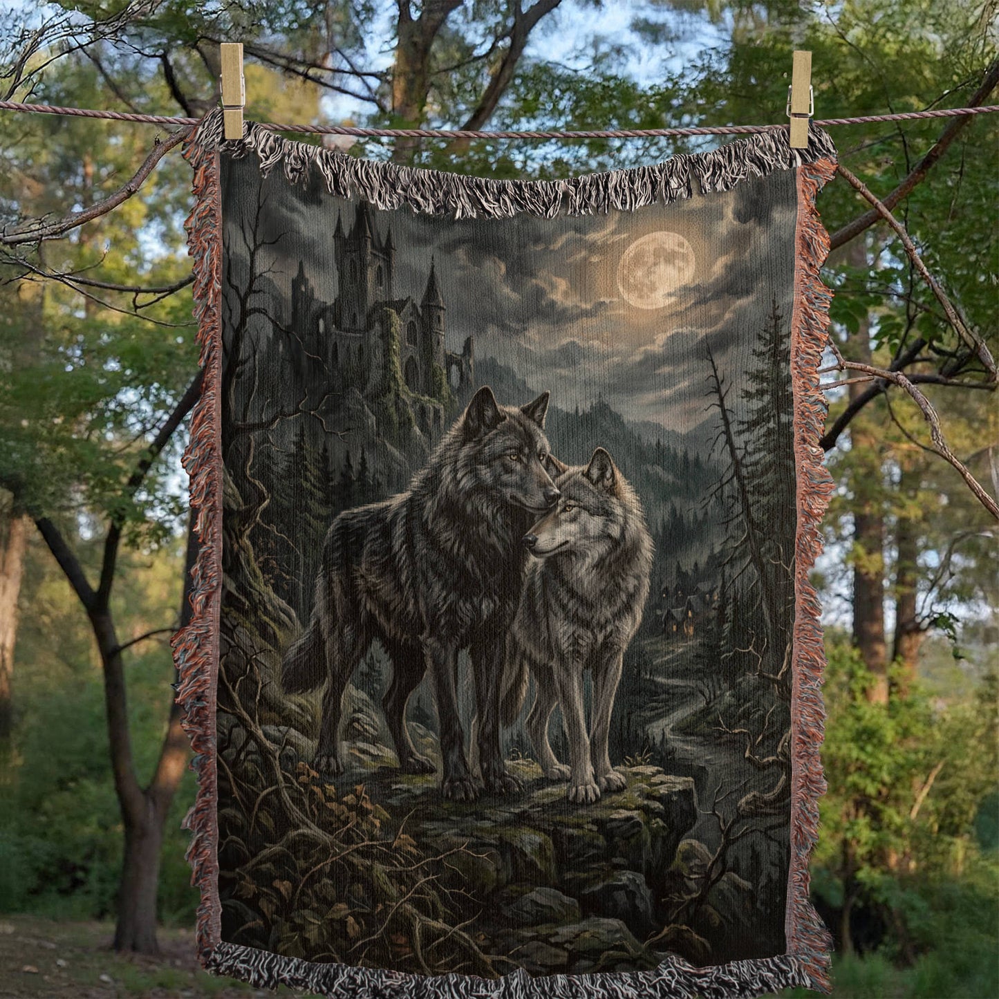 100% Cotton Woven Blanket – Gothic Wolf Couple on Cliff under Moon, Castle Village Scene, Dark Romantic Decor