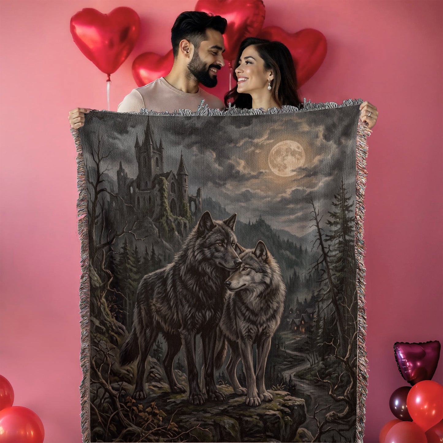 100% Cotton Woven Blanket – Gothic Wolf Couple on Cliff under Moon, Castle Village Scene, Dark Romantic Decor