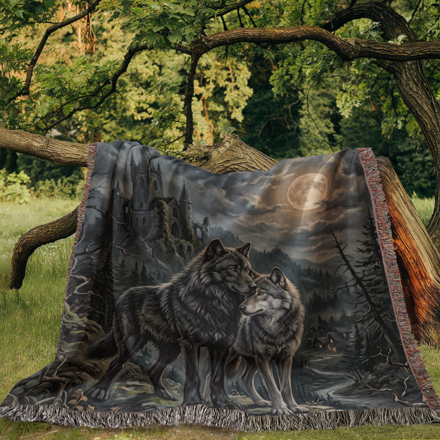 100% Cotton Woven Blanket – Gothic Wolf Couple on Cliff under Moon, Castle Village Scene, Dark Romantic Decor