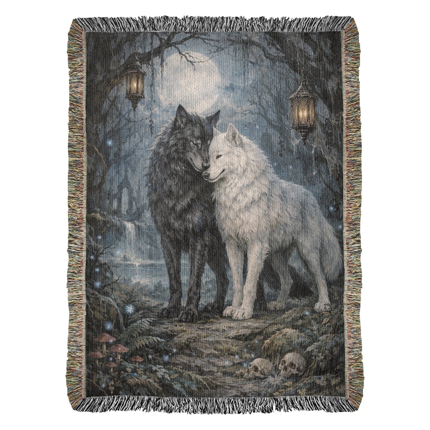 100% Cotton Woven Blanket – Black and White Wolves under Full Moon