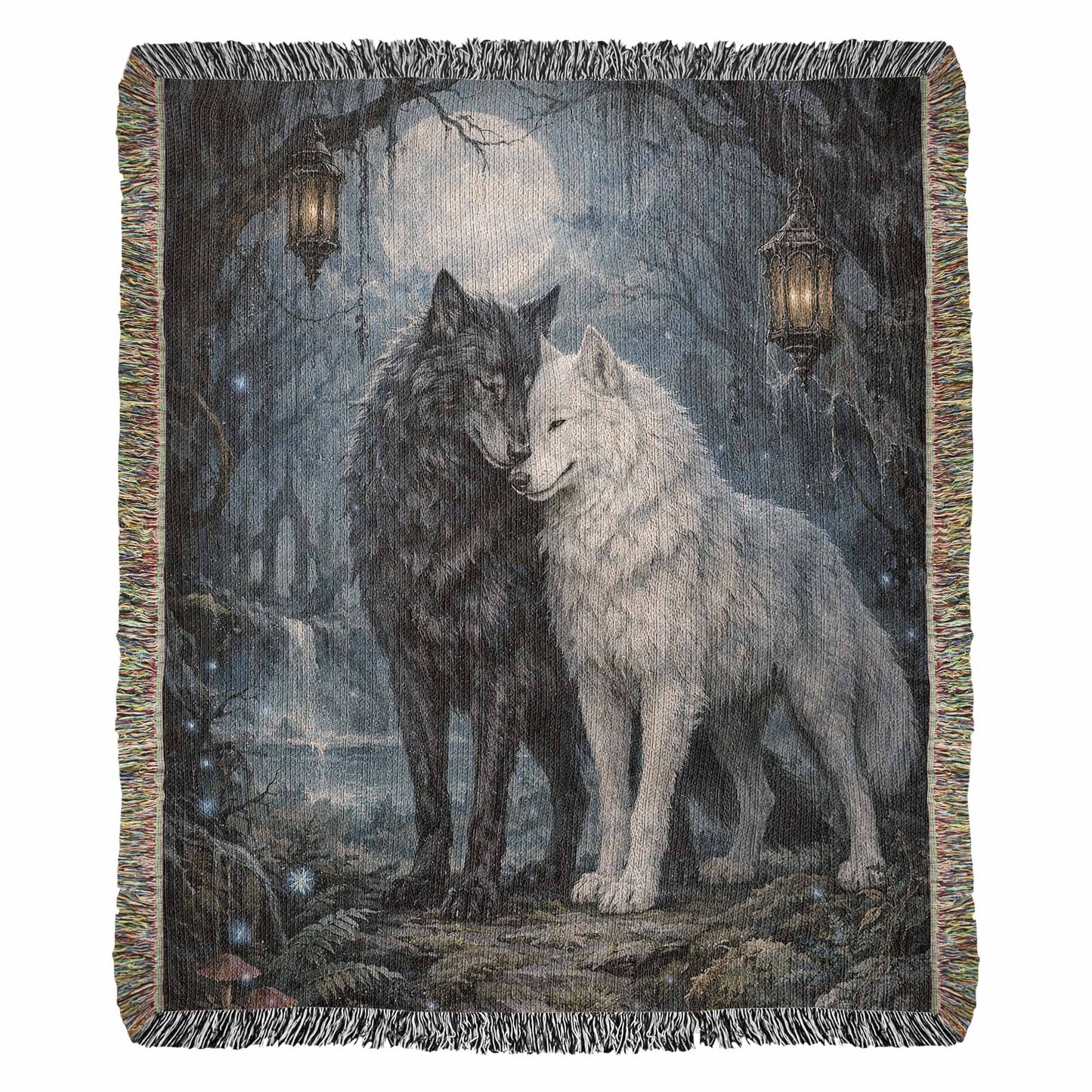 100% Cotton Woven Blanket – Black and White Wolves under Full Moon