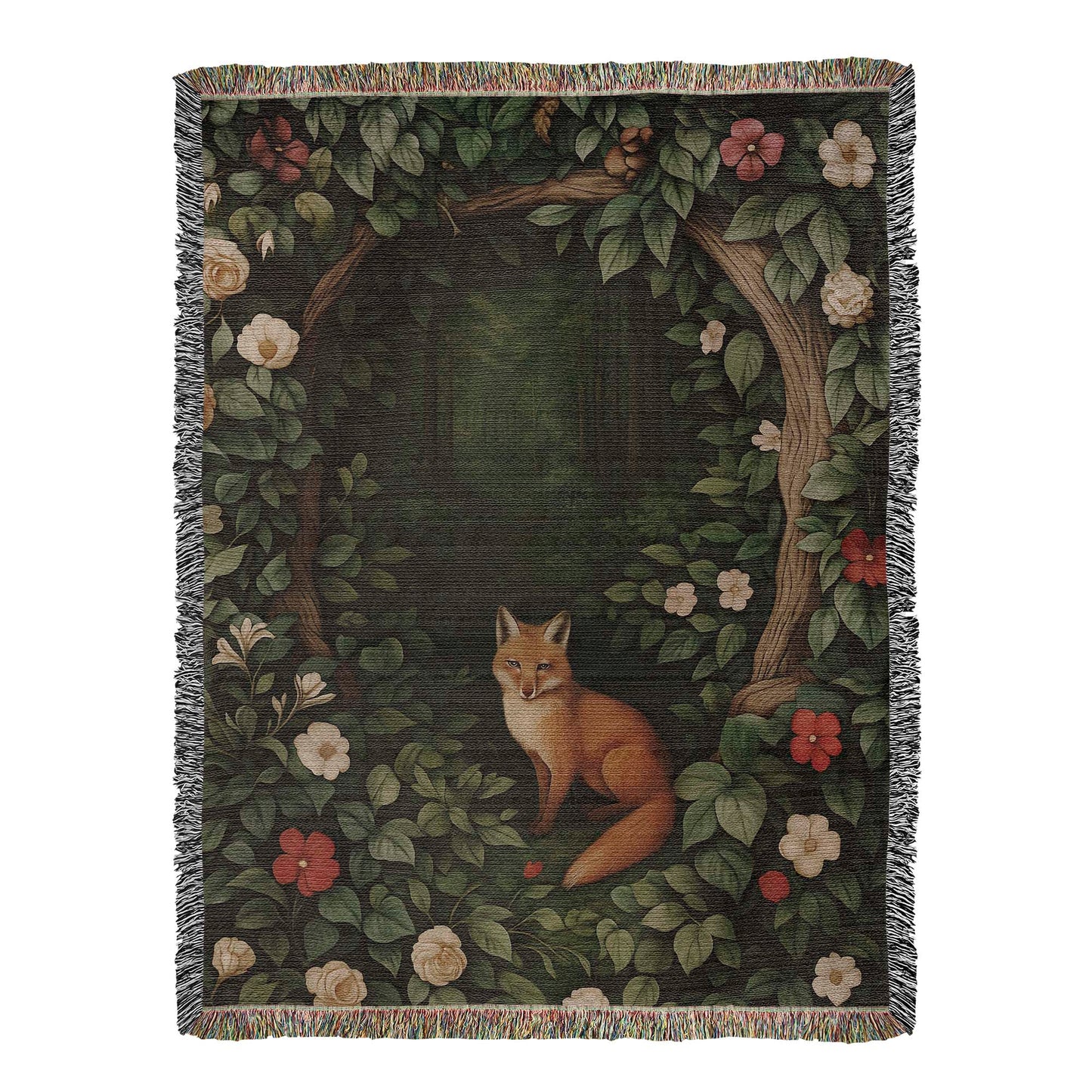 Cotton Woven Blanket – Woodland Fox among Leaves and Flowers