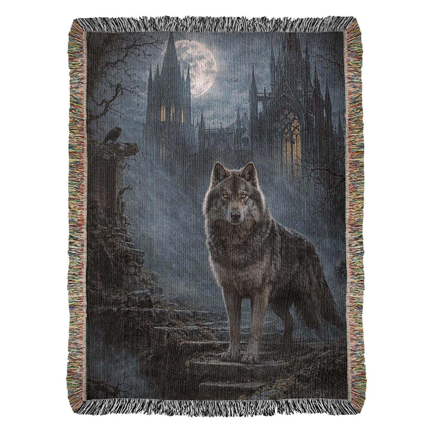 100% Cotton Woven Blanket – Wolf on Castle Steps under Full Moon
