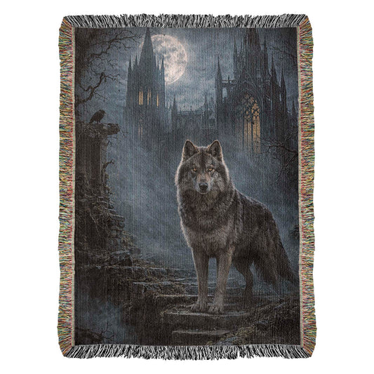 100% Cotton Woven Blanket – Wolf on Castle Steps under Full Moon