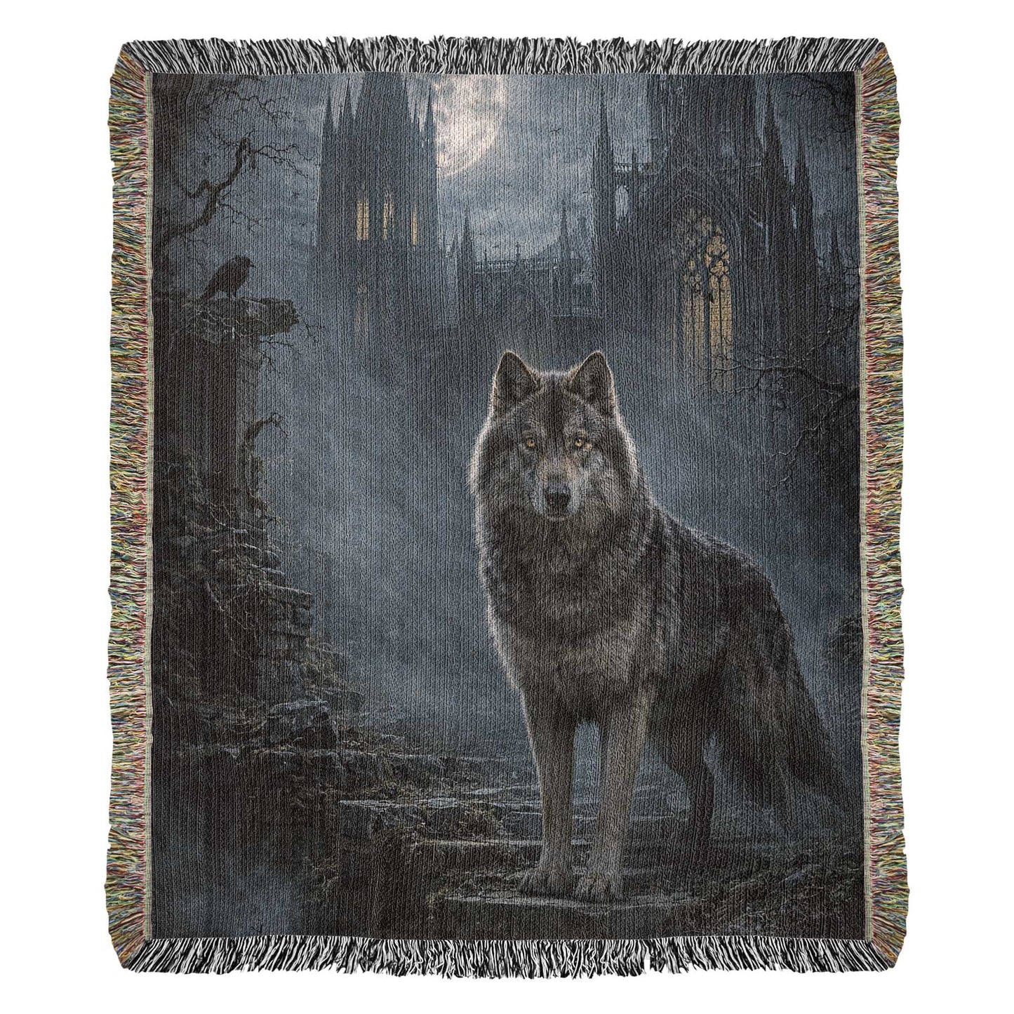 100% Cotton Woven Blanket – Wolf on Castle Steps under Full Moon