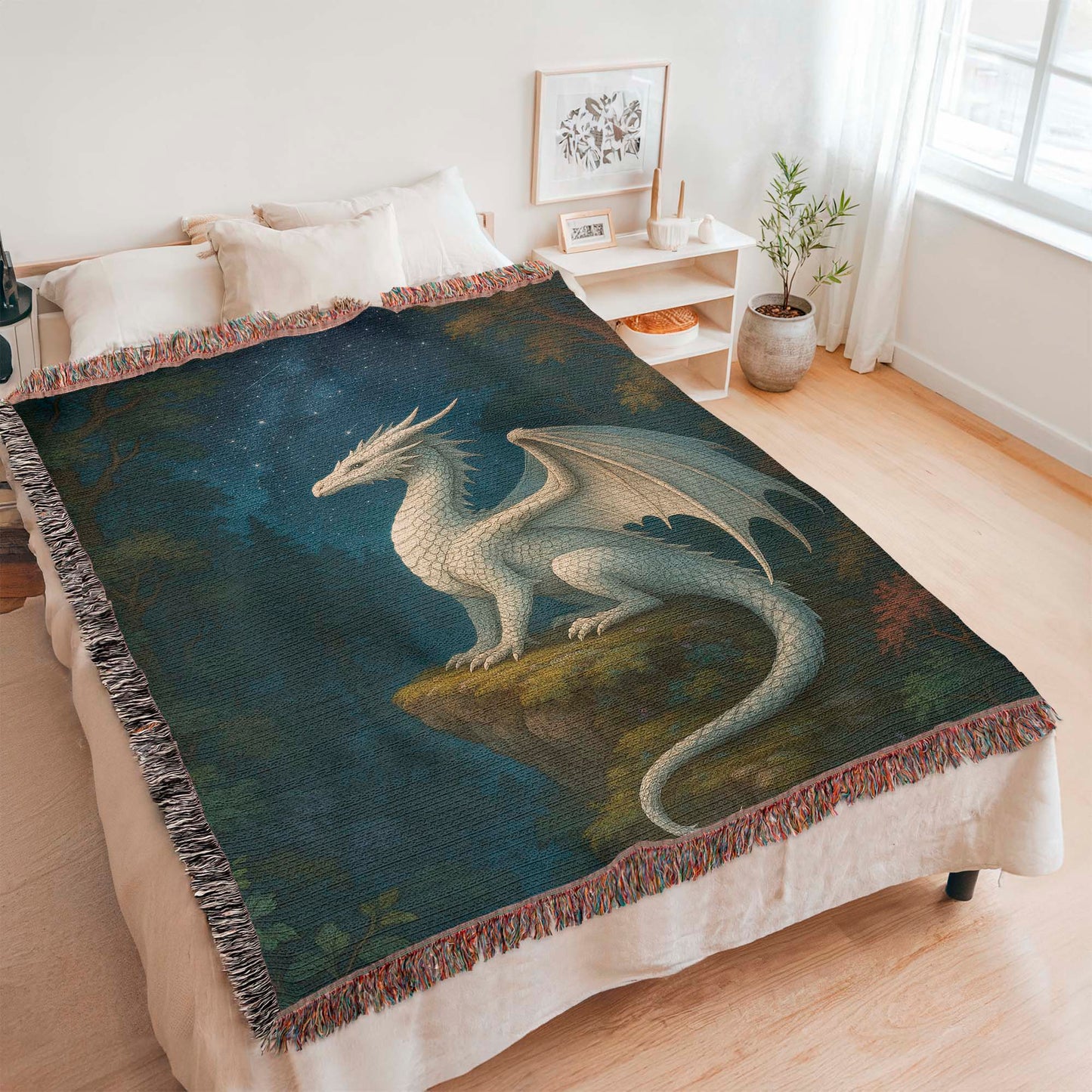100% Cotton Woven Blanket – White Dragon Perched on Woodland Cliff under Stars