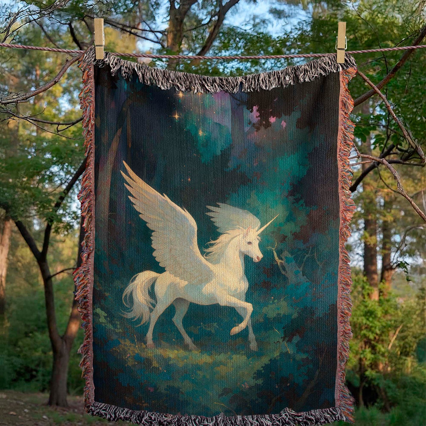 100% Cotton Woven Blanket – Magical White Alicorn among Woodland Trees