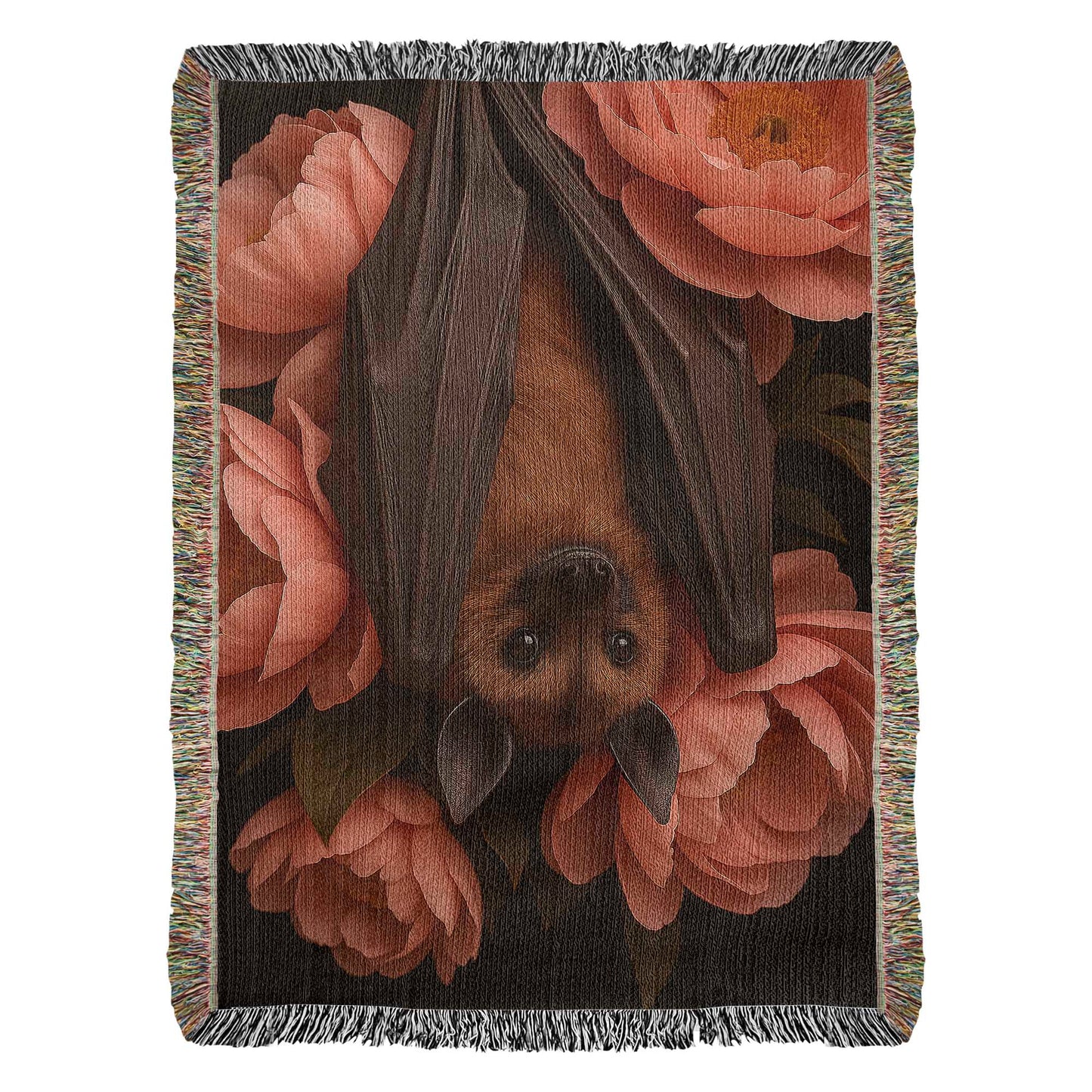 Premium Woven Cotton Throw – Bat Nestled among Vibrant Flowers