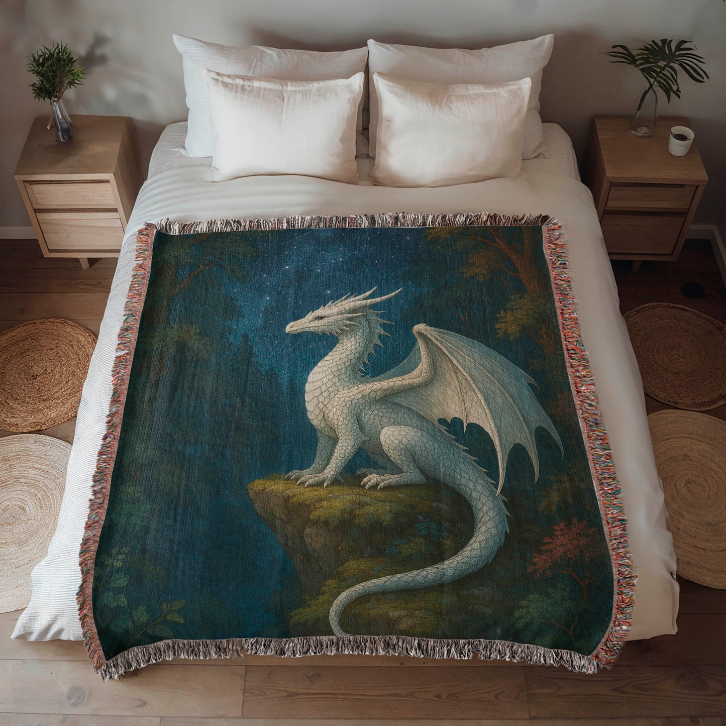 100% Cotton Woven Blanket – White Dragon Perched on Woodland Cliff under Stars