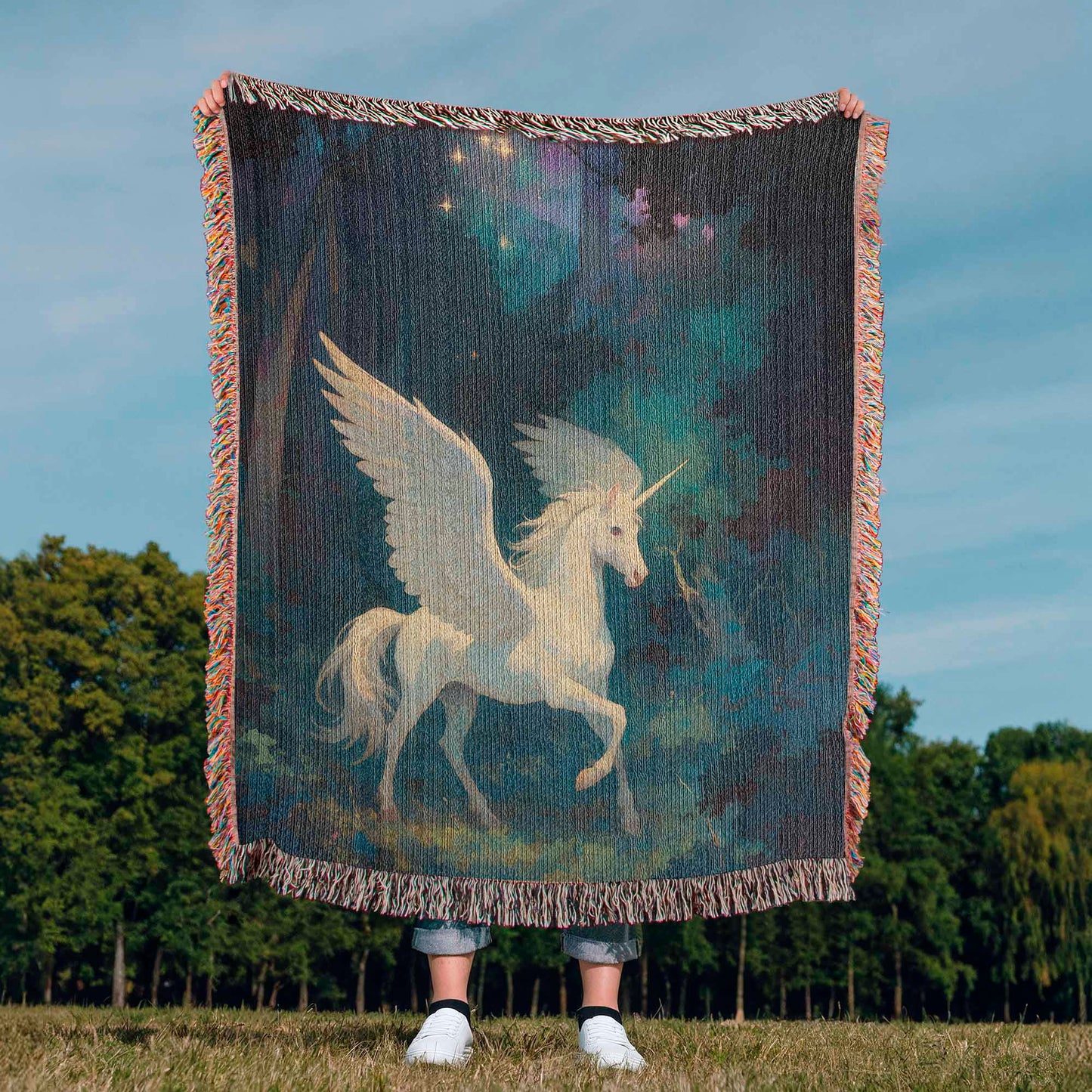 100% Cotton Woven Blanket – Magical White Alicorn among Woodland Trees
