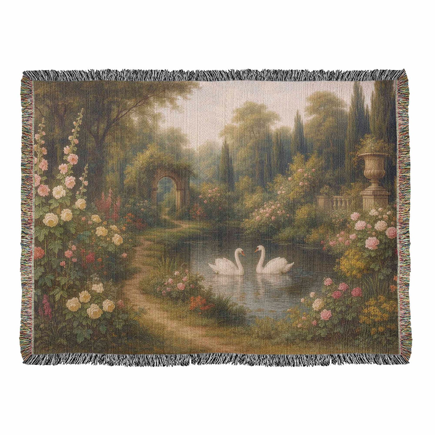 100% Cotton Woven Blanket – Romantic Swans in Blooming Pond Surrounded by Flowers