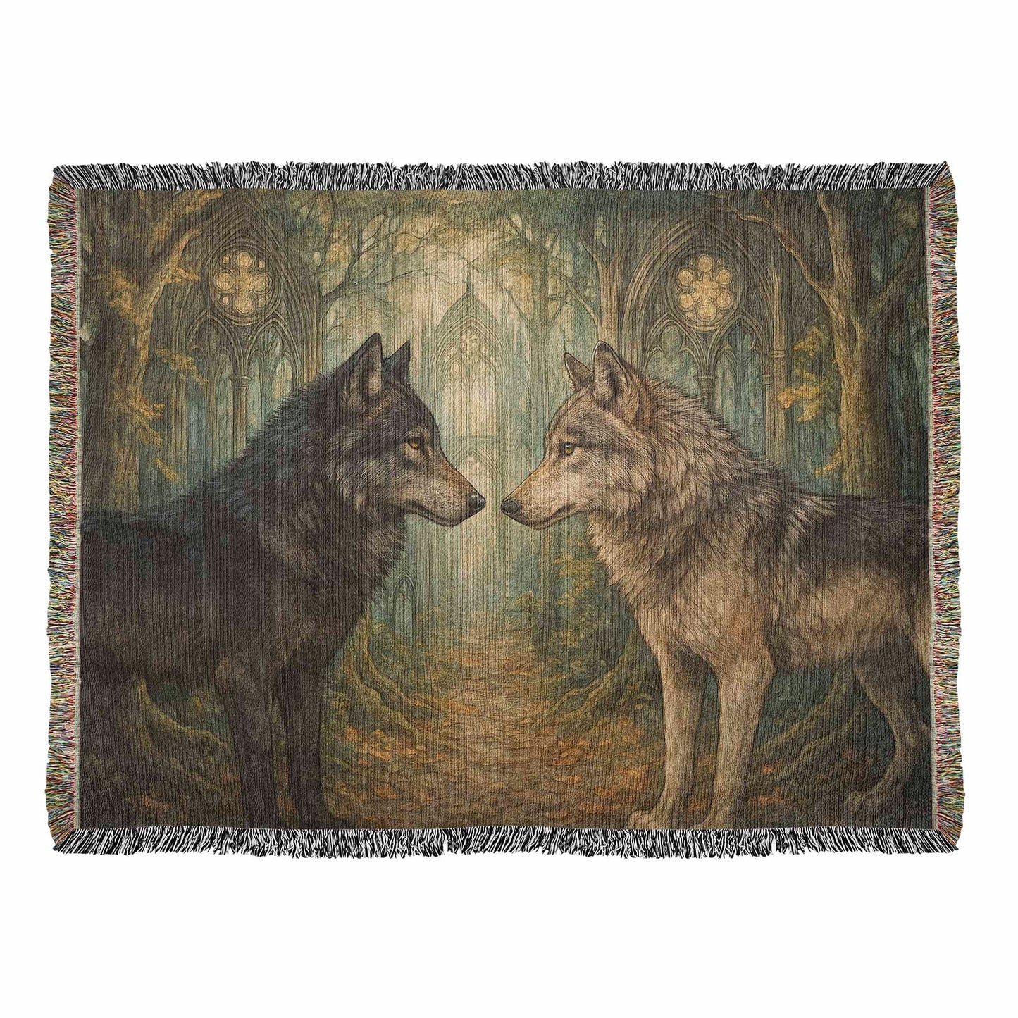 100% Cotton Woven Blanket – Enchanted Forest Scene with Two Wolves Eye to Eye beneath Full Moon