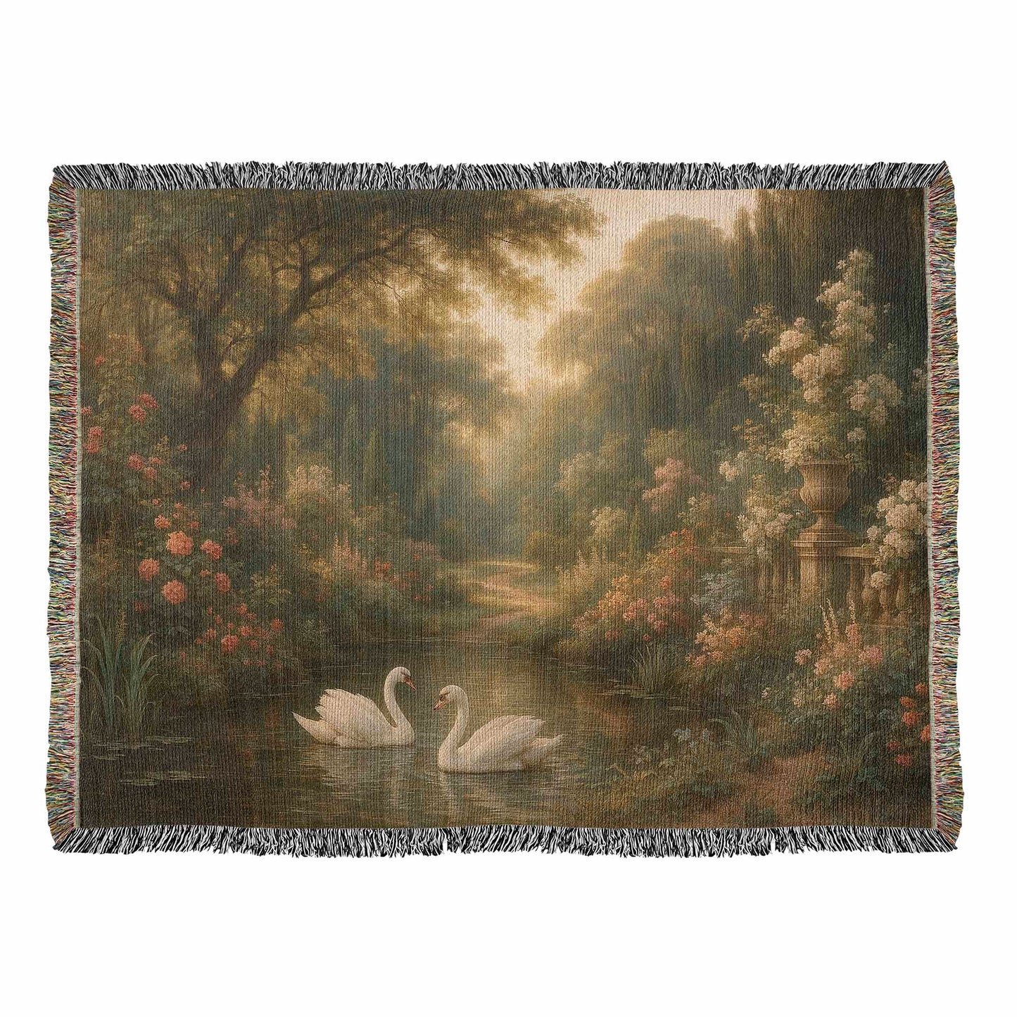 Woven Cotton Blanket – Magical Swans in Pond with Flower-Covered Shores