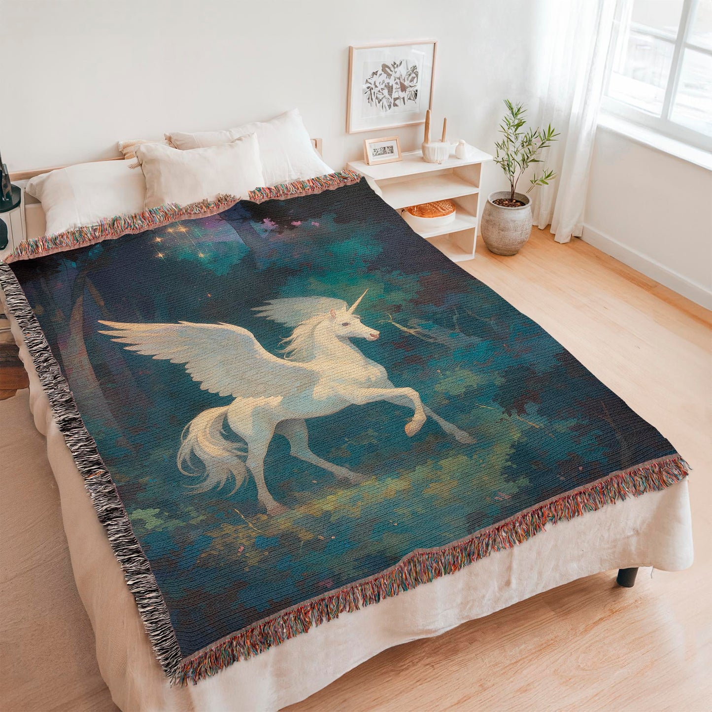 100% Cotton Woven Blanket – Magical White Alicorn among Woodland Trees