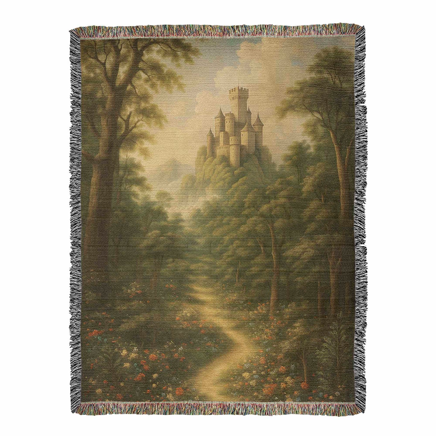 Premium Woven Cotton Throw – Fantasy Castle Rising above Trees on Hill