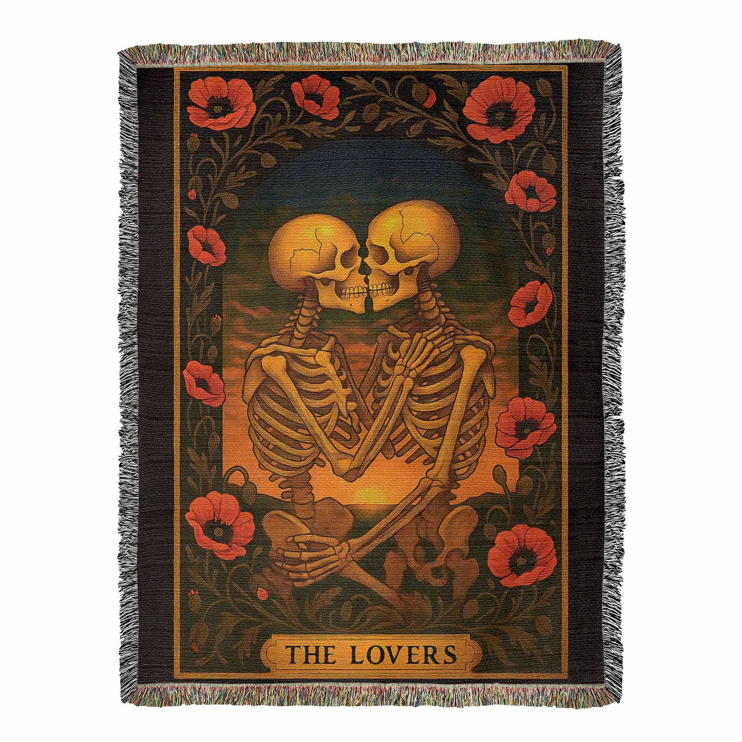 Premium Woven Cotton Throw – Skeleton Lovers with Poppy Garland Frame, Sunset Scene & The Lovers Caption