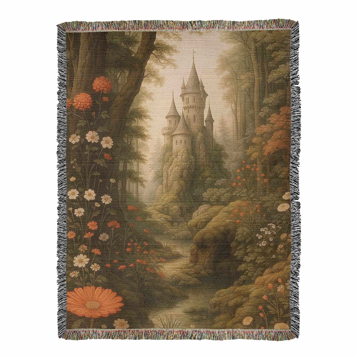 100% Cotton Woven Blanket – Fairytale Castle among Woodland Trees and Blossoms