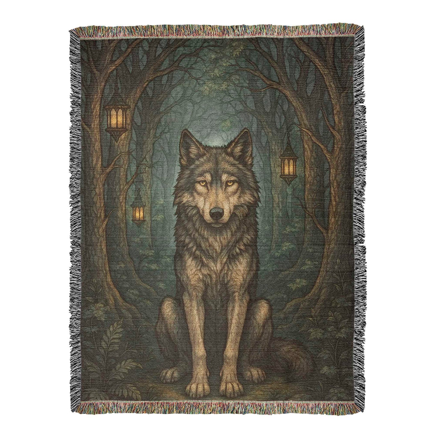 Woven Cotton Blanket – Serene Wolf in Forest under Lantern-Illuminated Trees