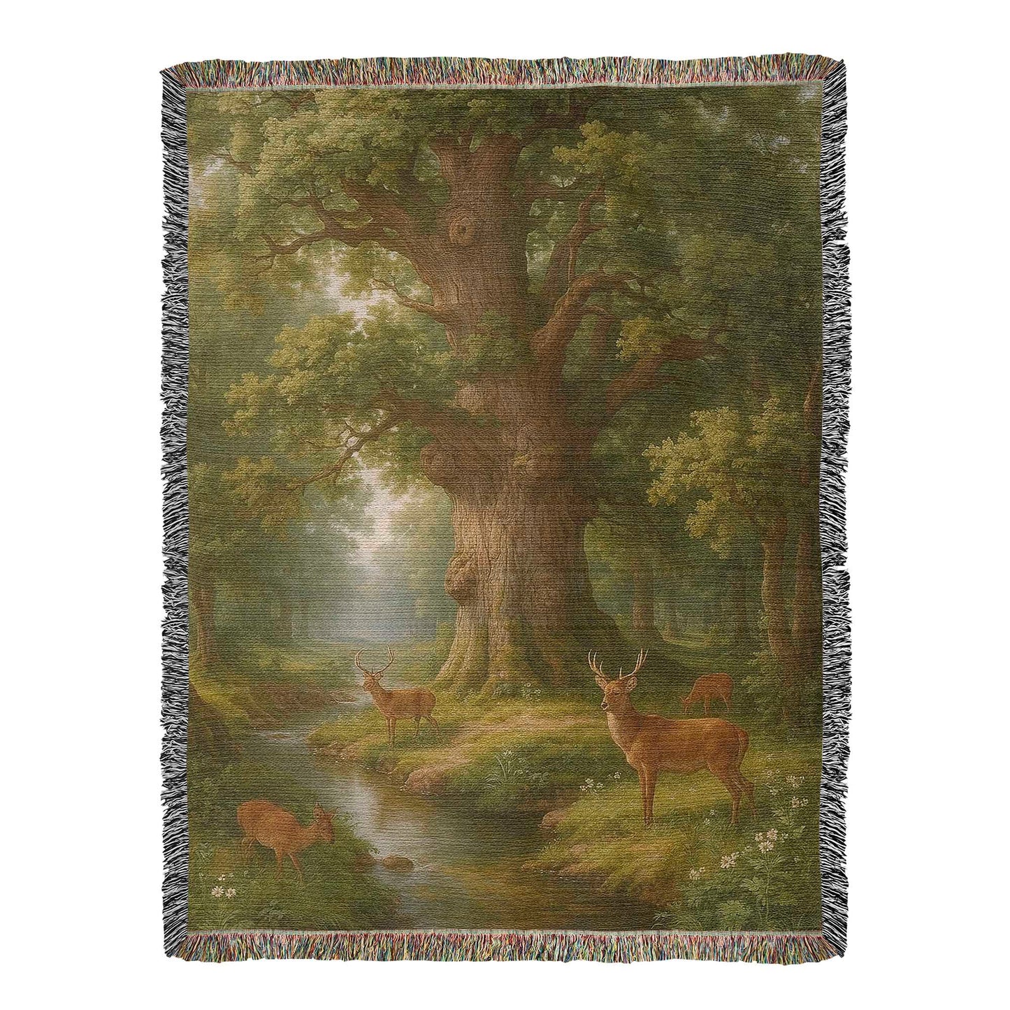 Premium Woven Cotton Throw – Deer Gathering at Stream under Towering Tree
