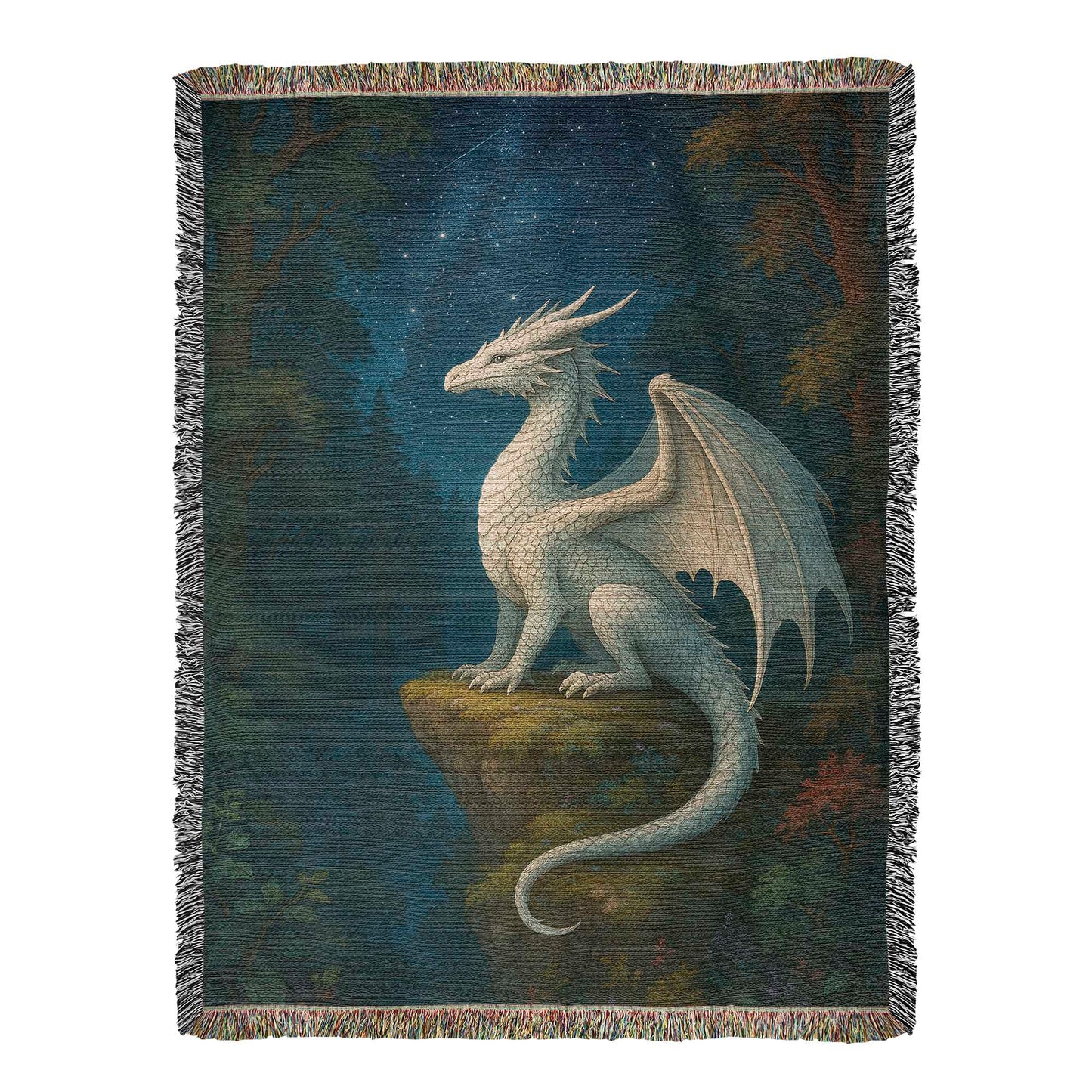 100% Cotton Woven Blanket – White Dragon Perched on Woodland Cliff under Stars
