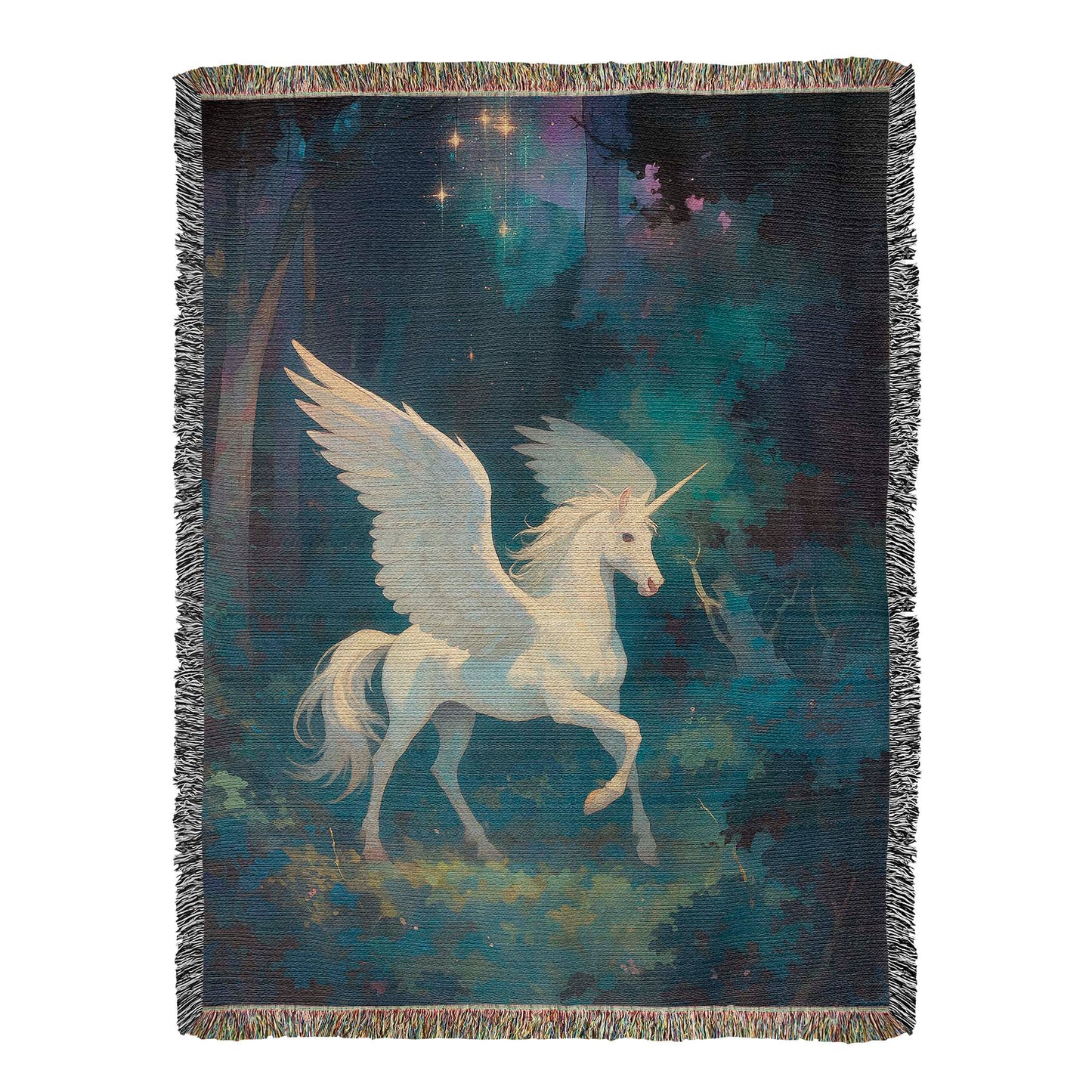 100% Cotton Woven Blanket – Magical White Alicorn among Woodland Trees